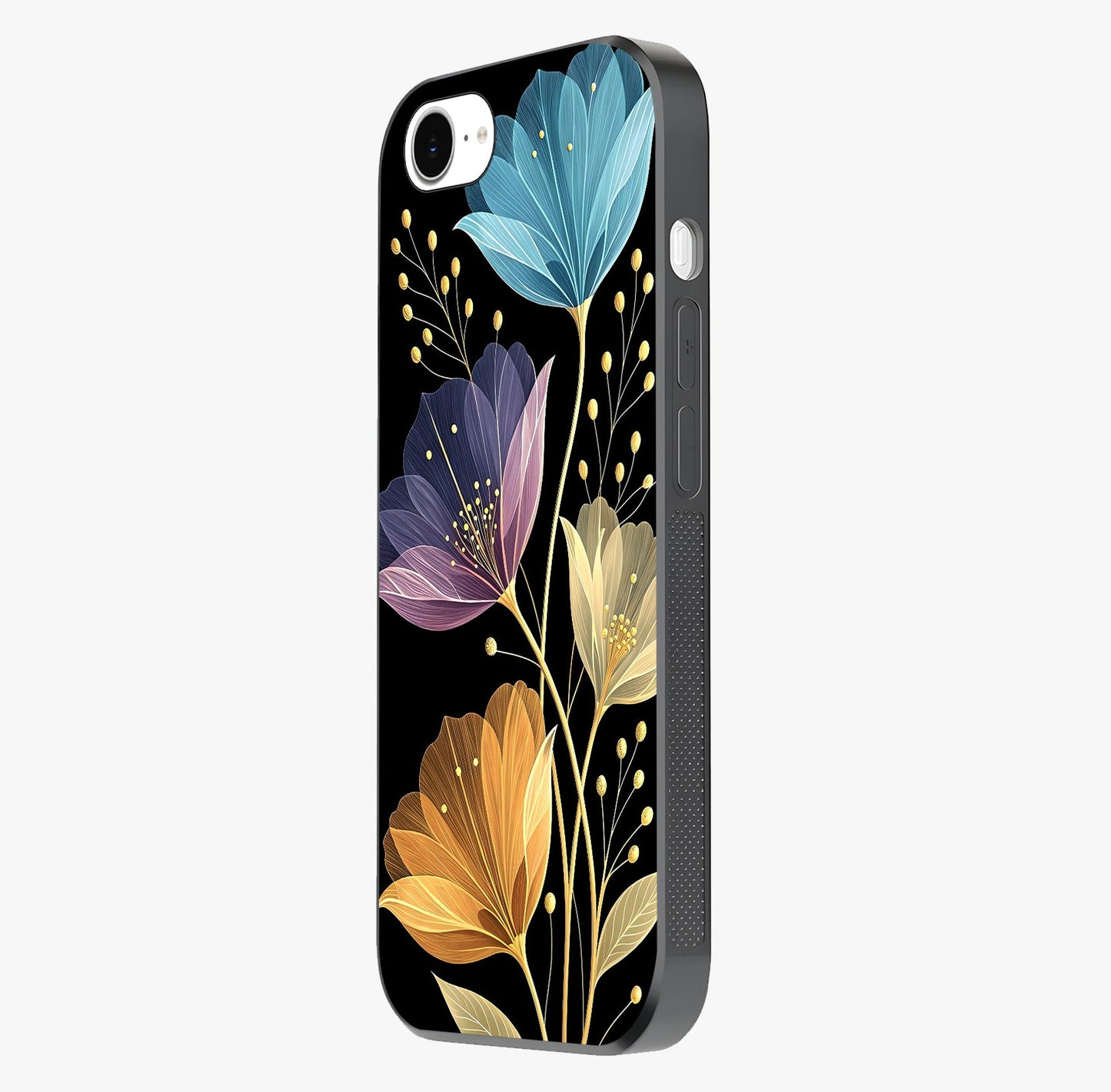 Delicate Multicolor Flowers Glass Case photographed in natural light showing reflective finish and design depth.