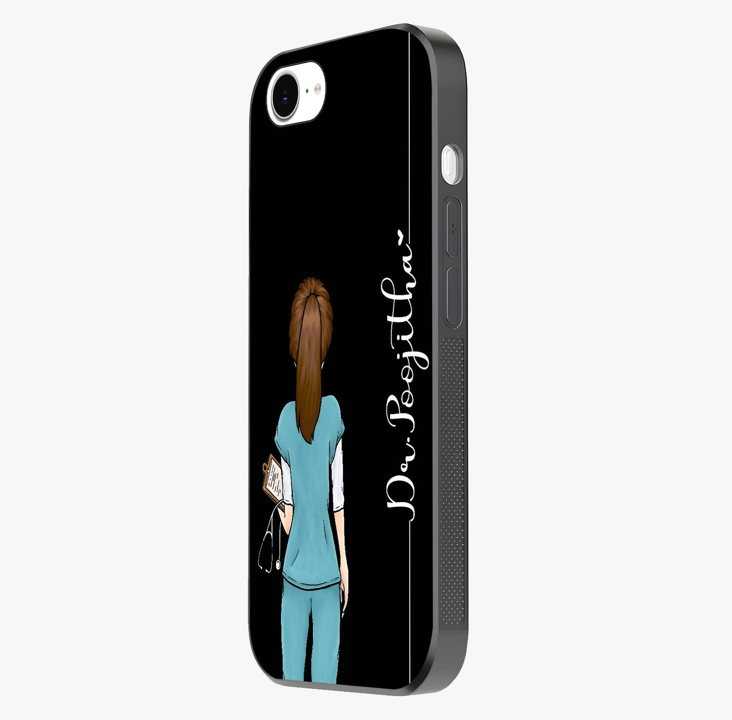 Doctor Pattern Custom Name Glass Case photographed in natural light showing reflective finish and design depth.