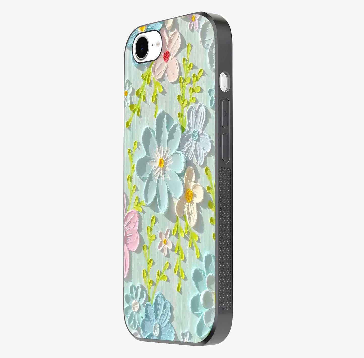 Frosted Petal Garden Glass Case photographed in natural light showing reflective finish and design depth.