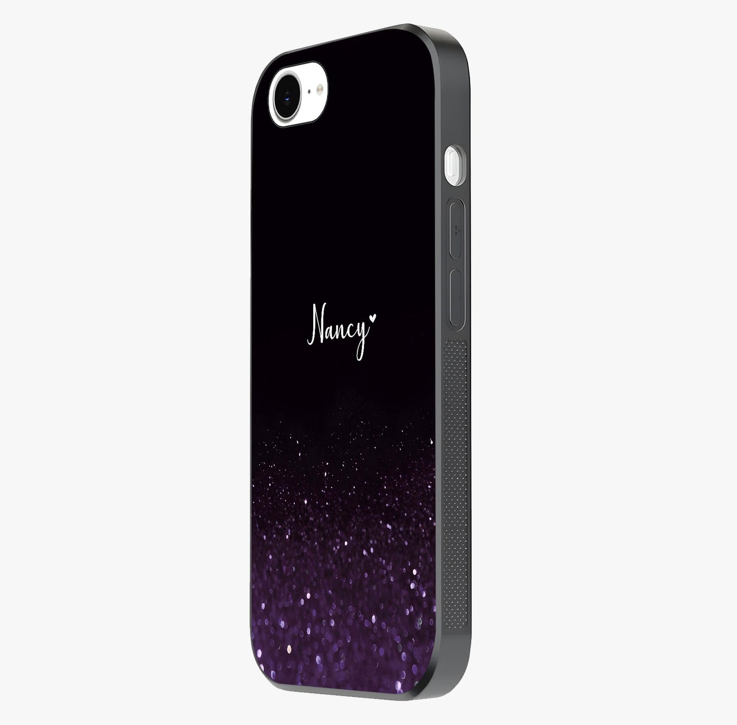 Glittery Purple Bokeh Custom Name Glass Case photographed in natural light showing reflective finish and design depth.