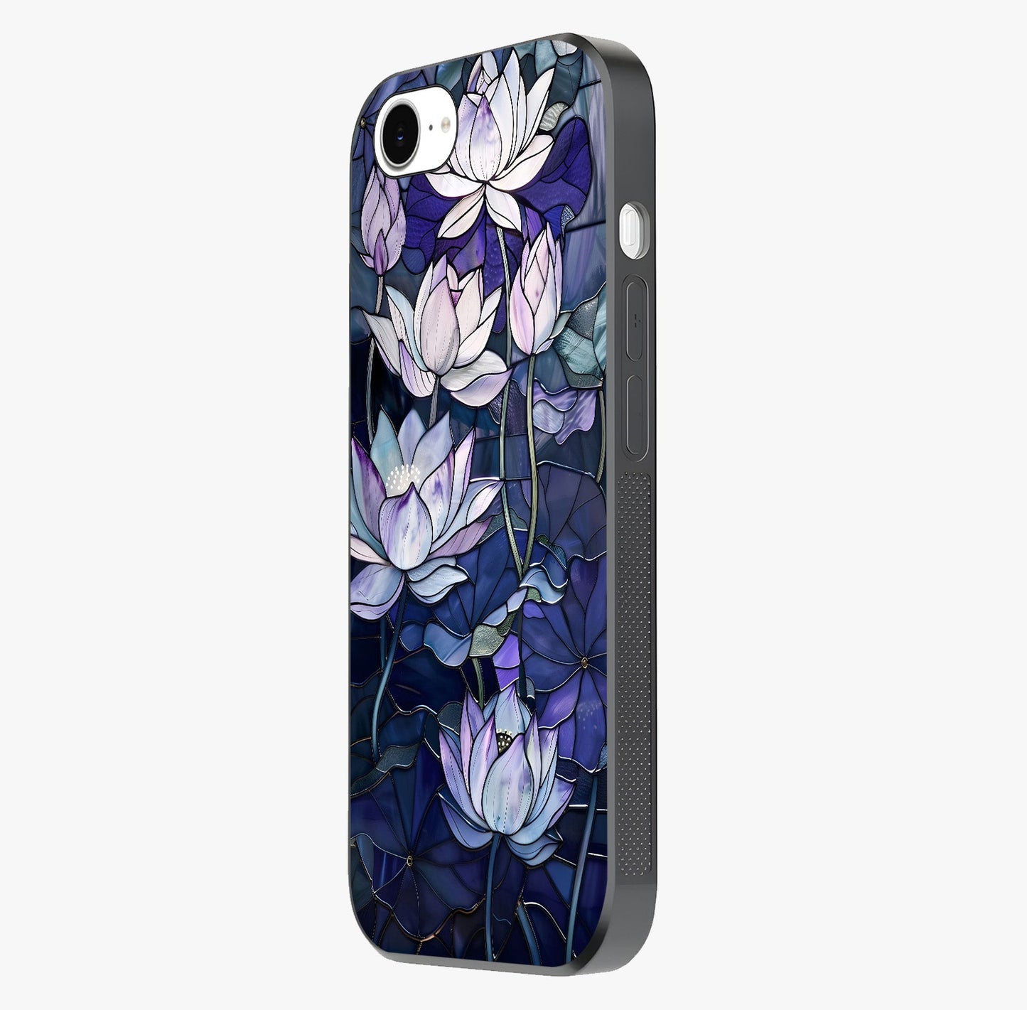Gloss Petal Rush Glass Case photographed in natural light showing reflective finish and design depth.