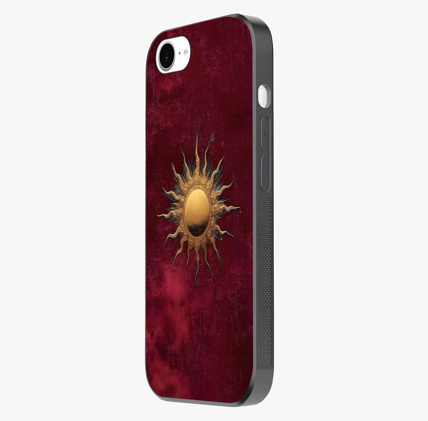 Gold Sun Blush Glass Case photographed in natural light showing reflective finish and design depth.