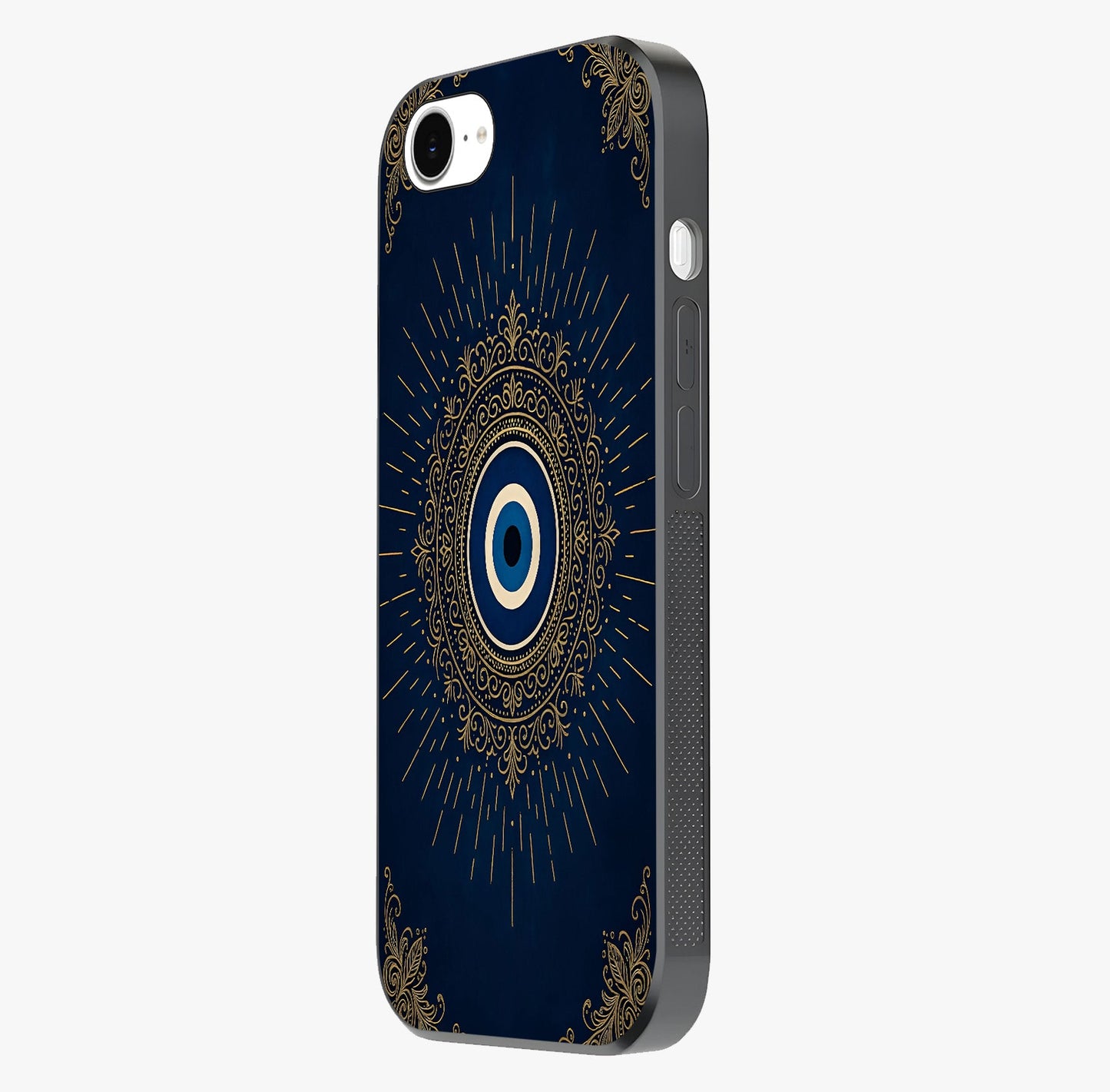 Golden Evil Eye Mandala Glass Case photographed in natural light showing reflective finish and design depth.
