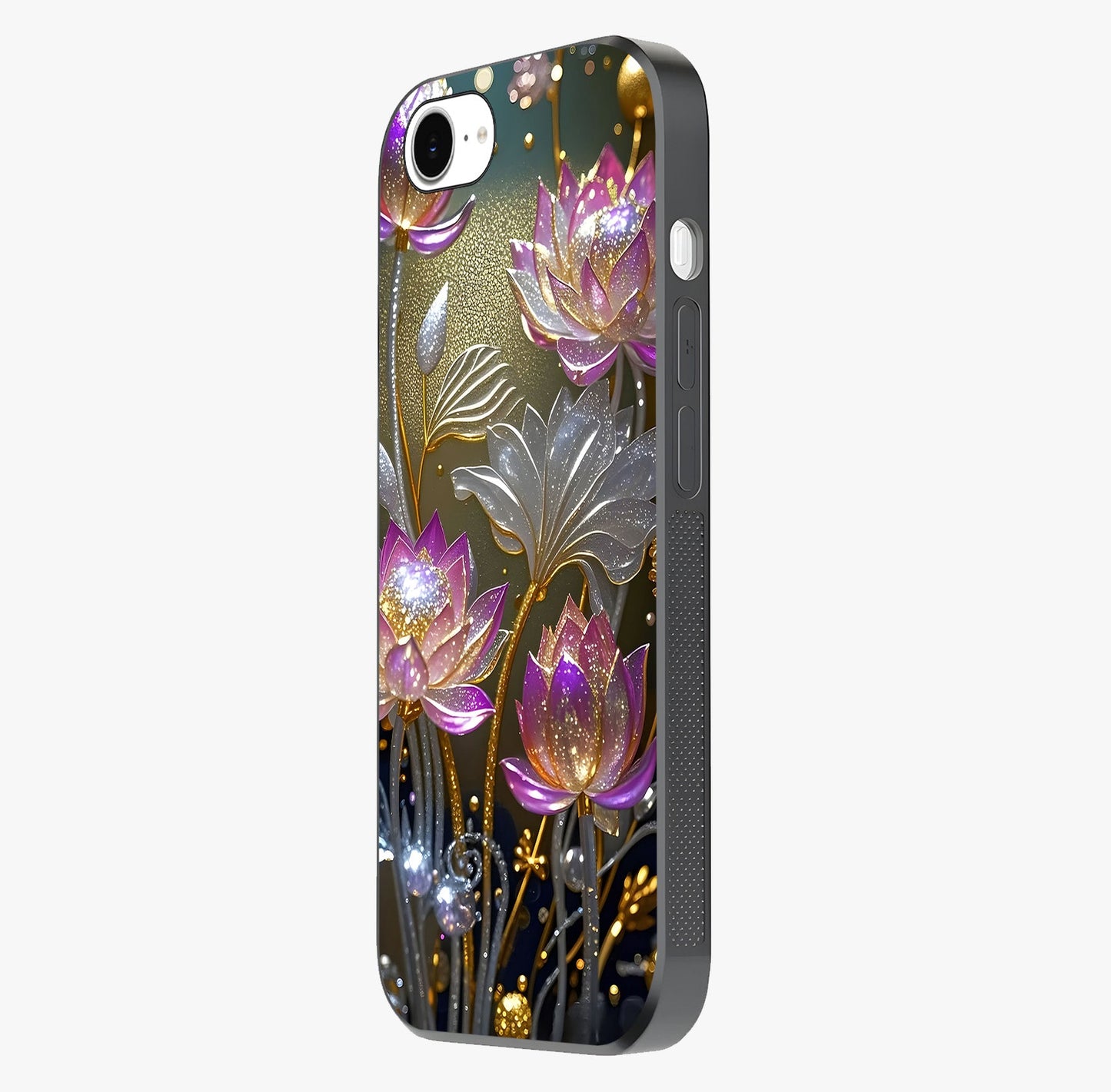 Golden Lotus Glow Glass Case photographed in natural light showing reflective finish and design depth.