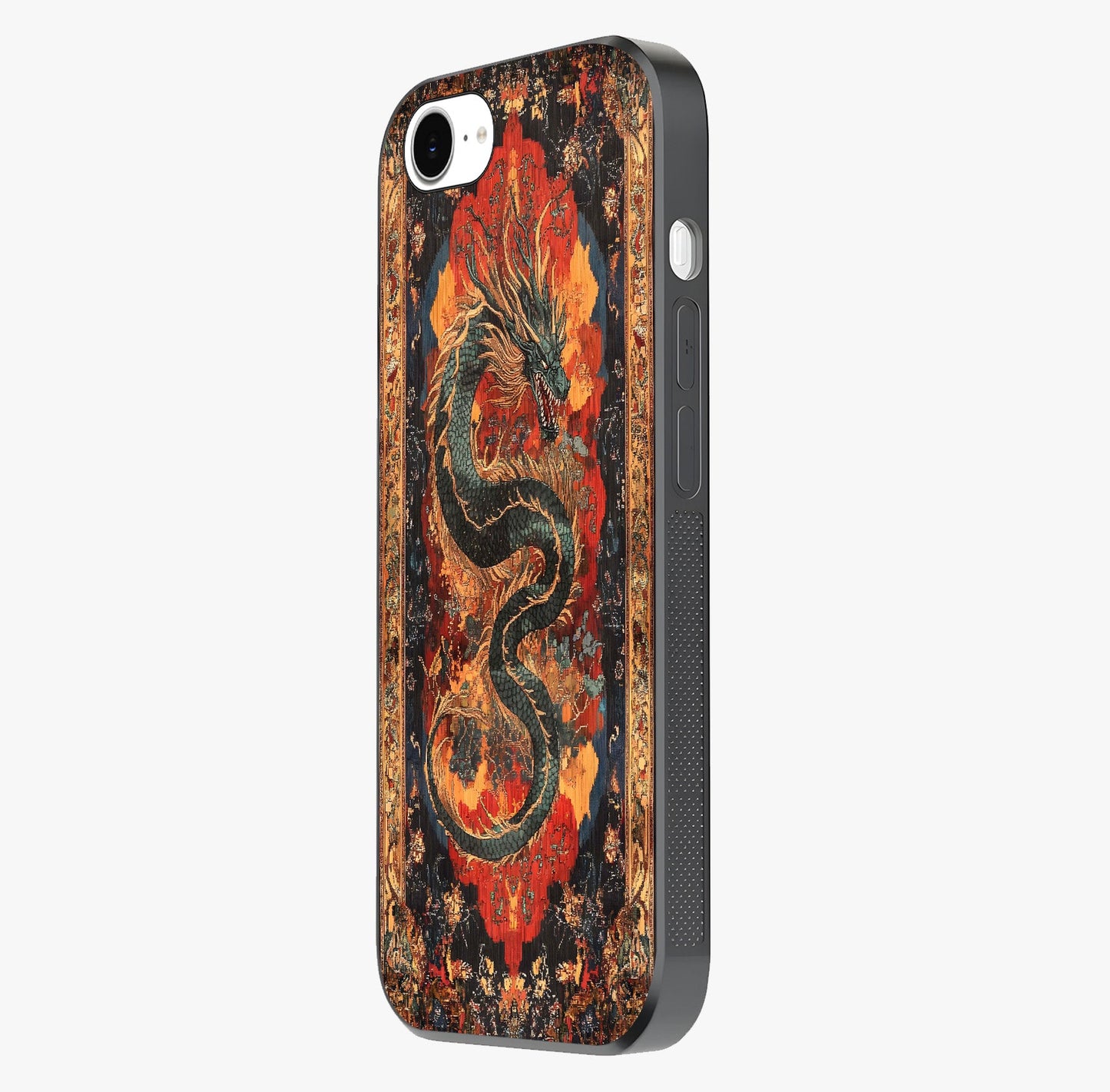 Inferno Dragon Soul Glass Case photographed in natural light showing reflective finish and design depth.