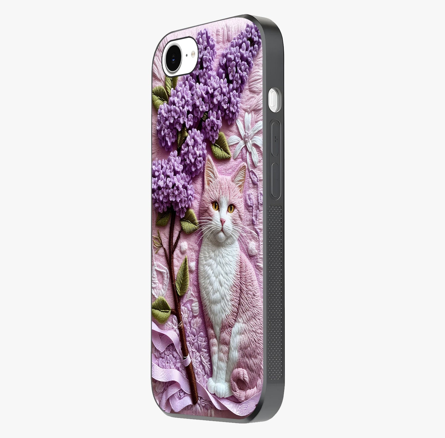 Lavender Cat Whimsy Glass Case photographed in natural light showing reflective finish and design depth.