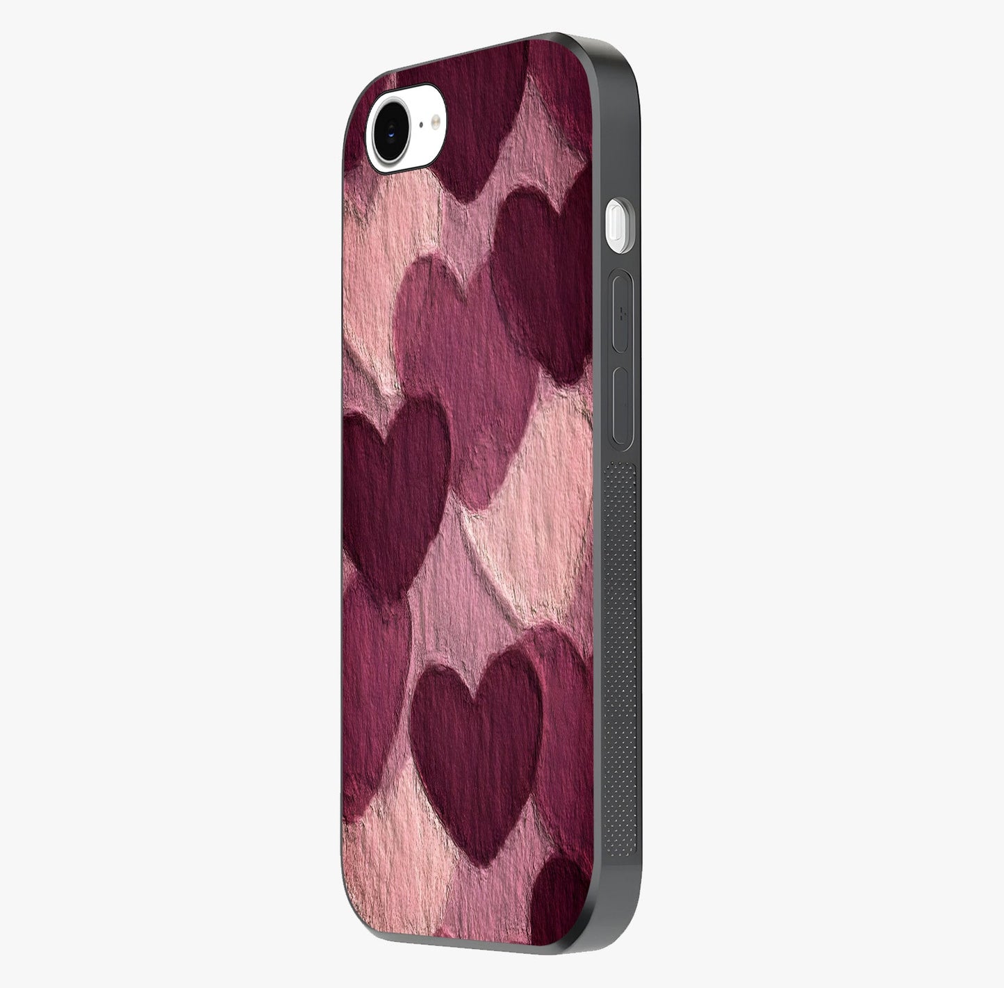 Layered Paper Hearts Glass Case photographed in natural light showing reflective finish and design depth.