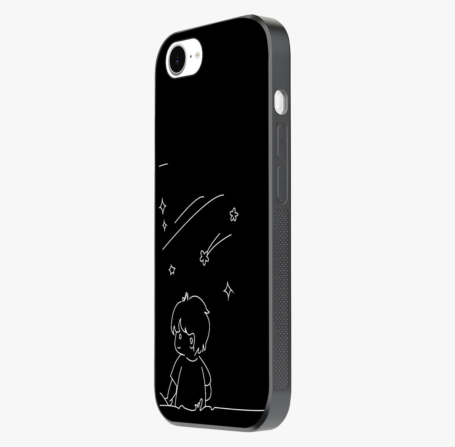 Line Art Boy With Shooting Stars Glass Case photographed in natural light showing reflective finish and design depth.