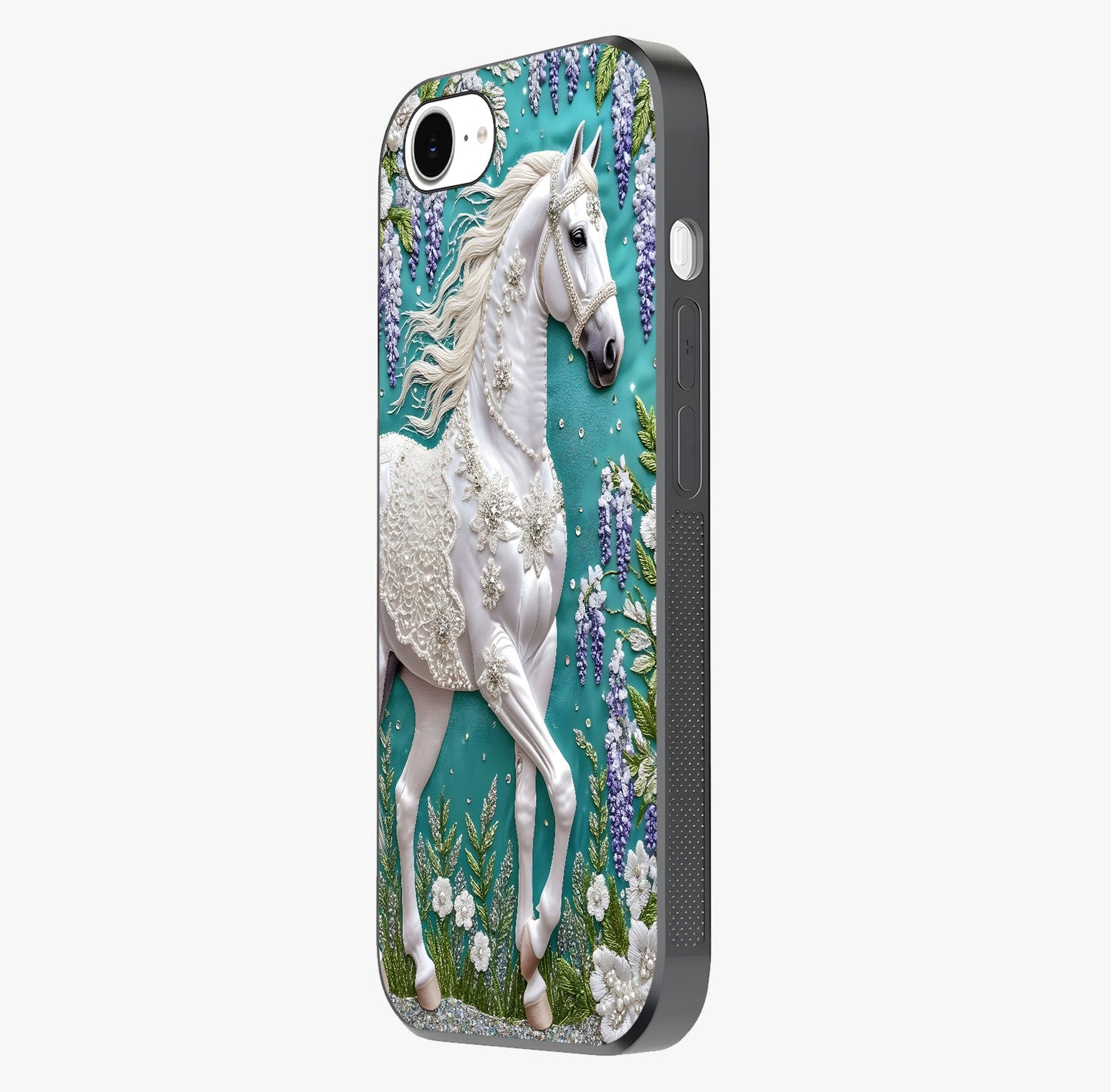 Majestic Floral Stallion Glass Case photographed in natural light showing reflective finish and design depth.