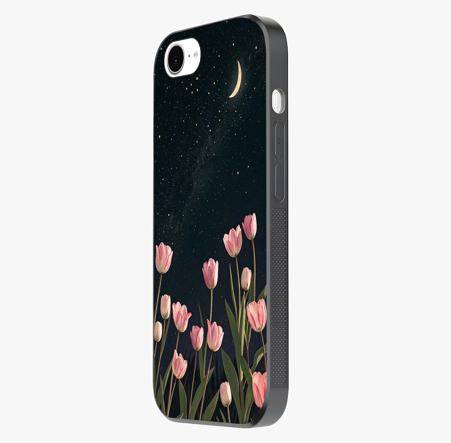 Midnight Tulip Whispers Vibe Glass Case photographed in natural light showing reflective finish and design depth.