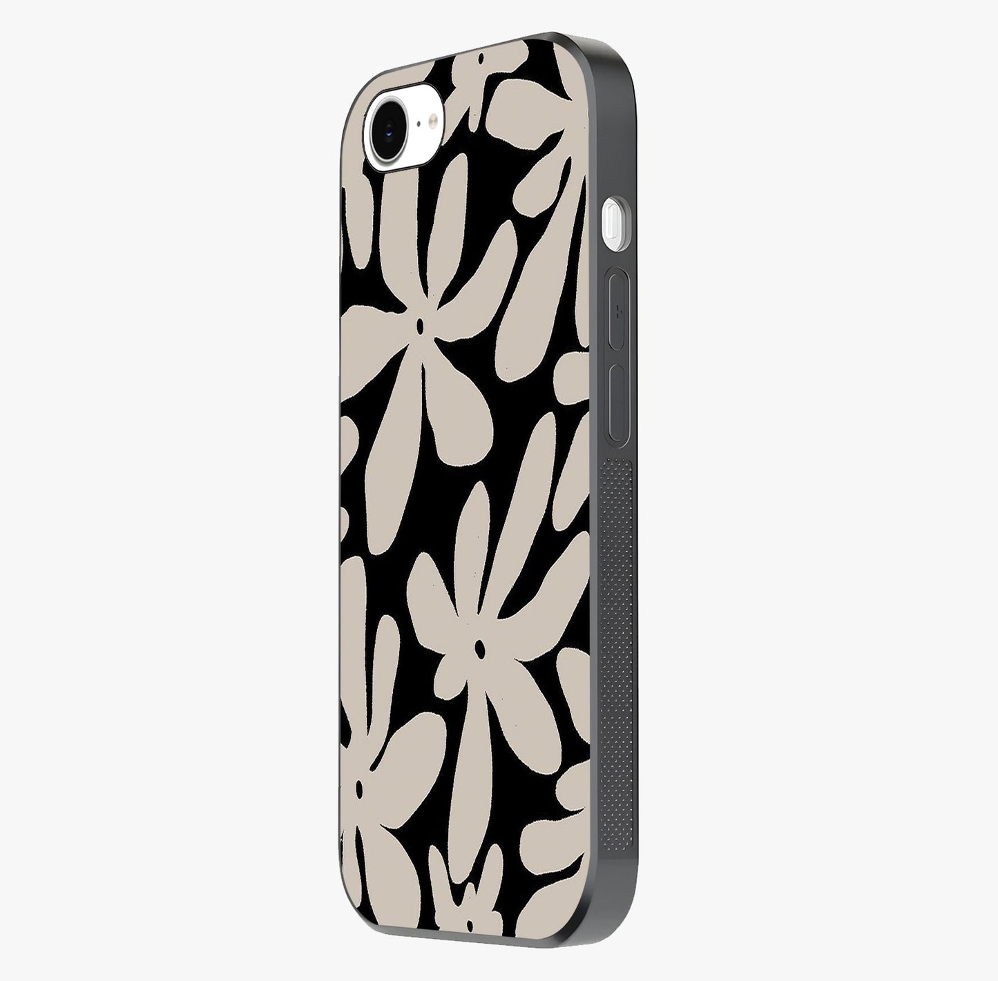 Monochrome Petal Dance Glass Case photographed in natural light showing reflective finish and design depth.