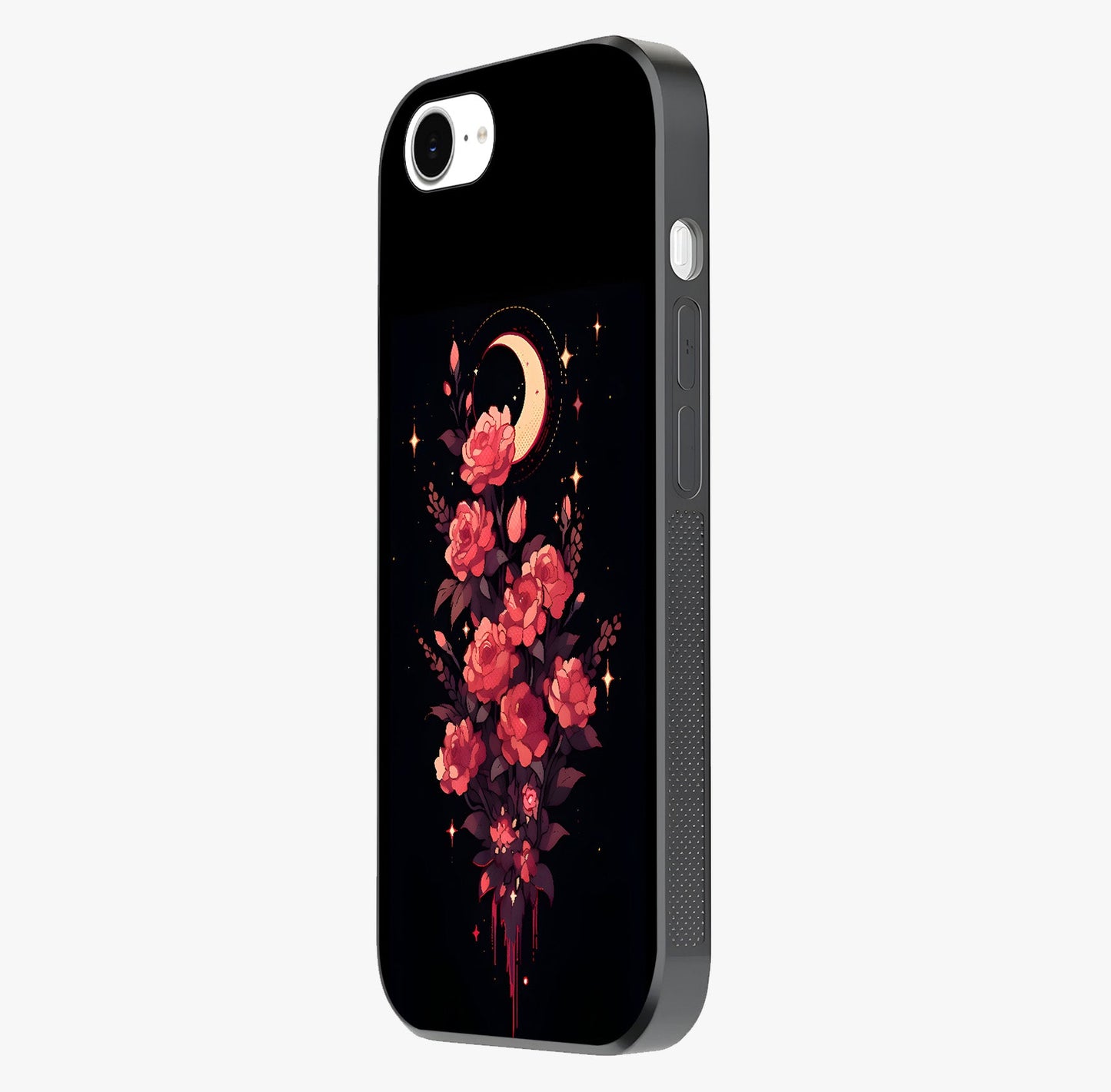 Moonlit Floral Elegance Glass Case photographed in natural light showing reflective finish and design depth.
