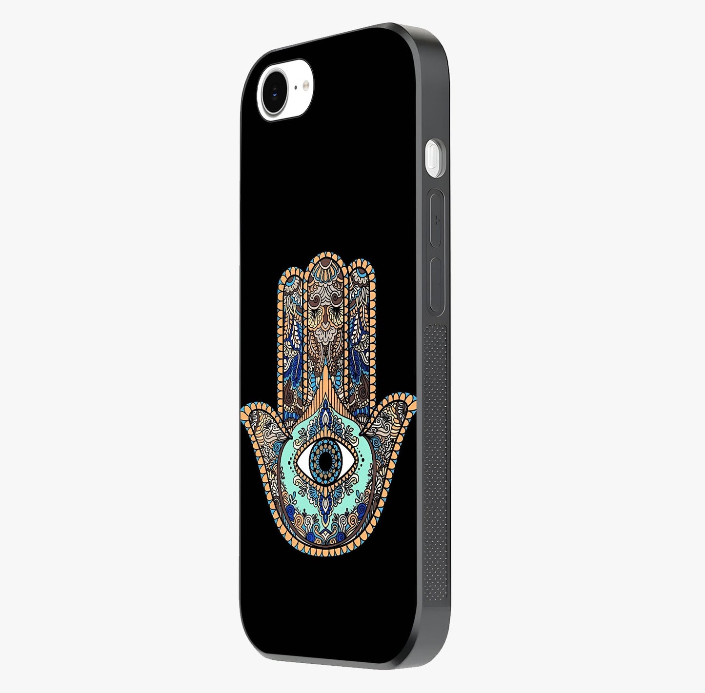 Mystic Hamsa Eye Glass Case photographed in natural light showing reflective finish and design depth.