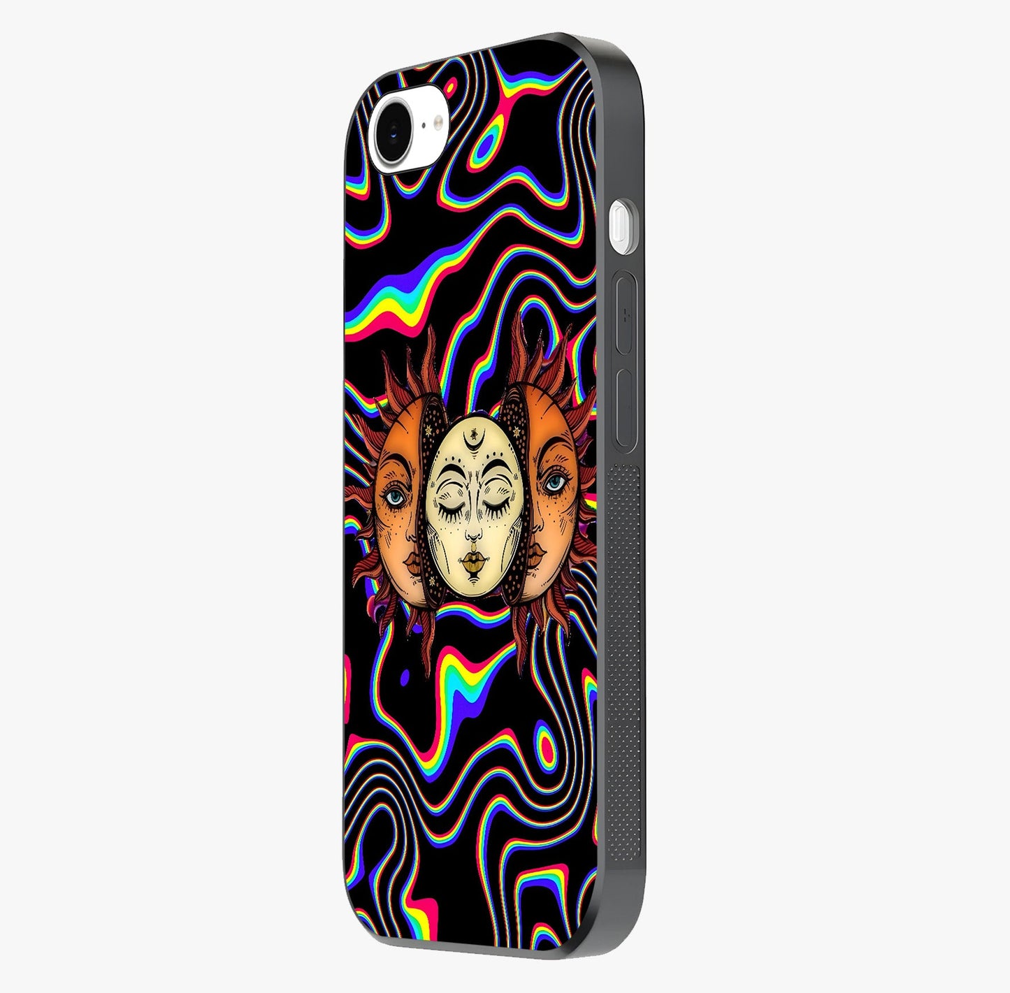 Psychedelic Sun Glass Case photographed in natural light showing reflective finish and design depth.