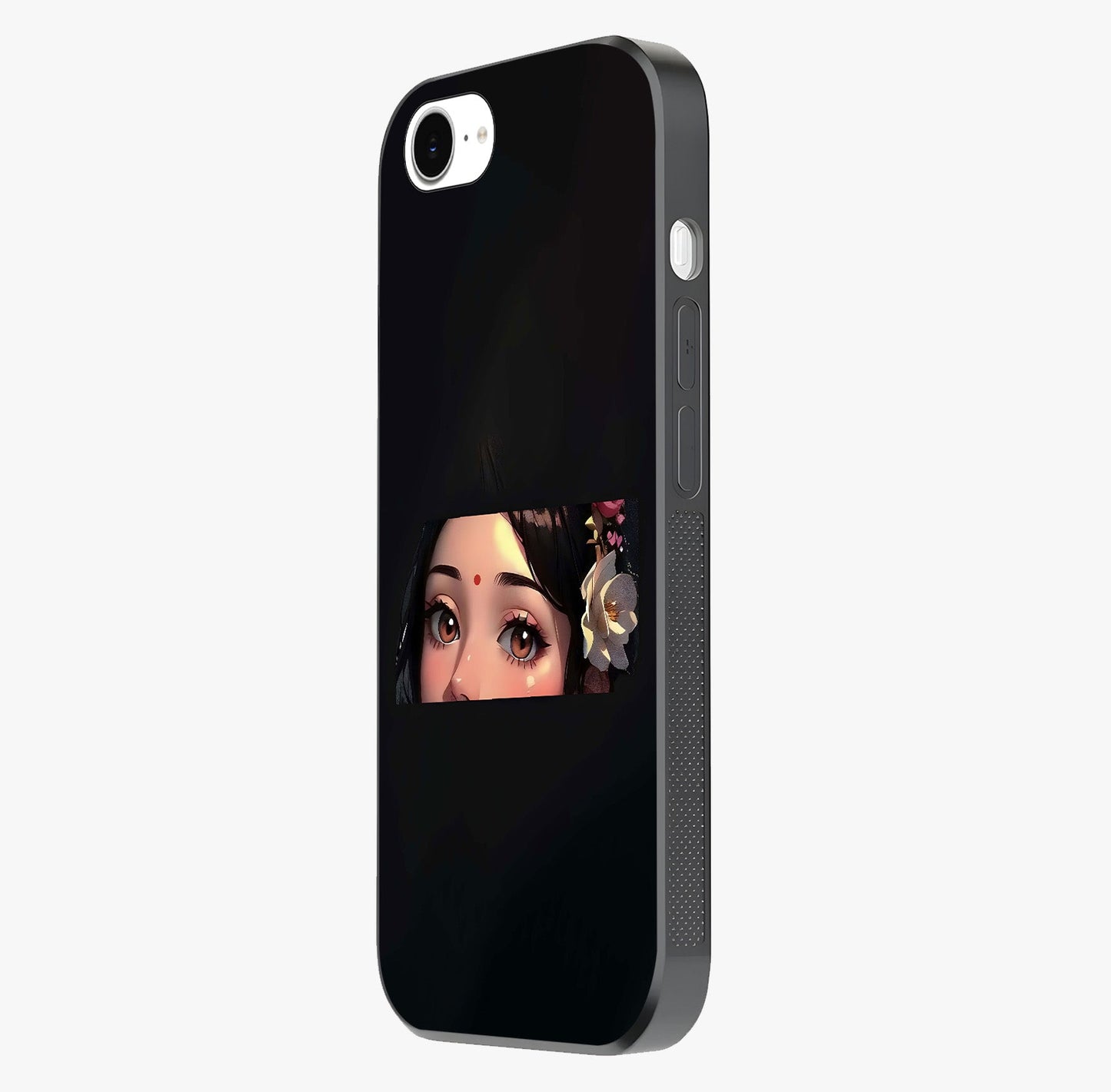 Radha Divine Embrace Glass Case photographed in natural light showing reflective finish and design depth.