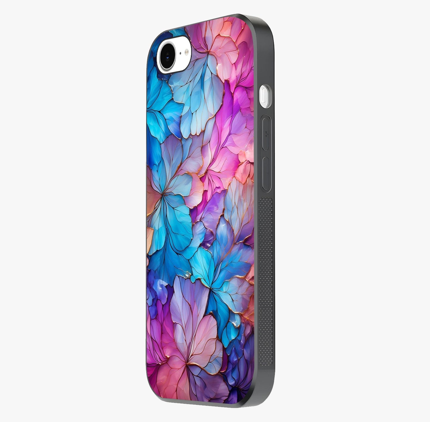Radiant Floral Whirl Glass Case photographed in natural light showing reflective finish and design depth.