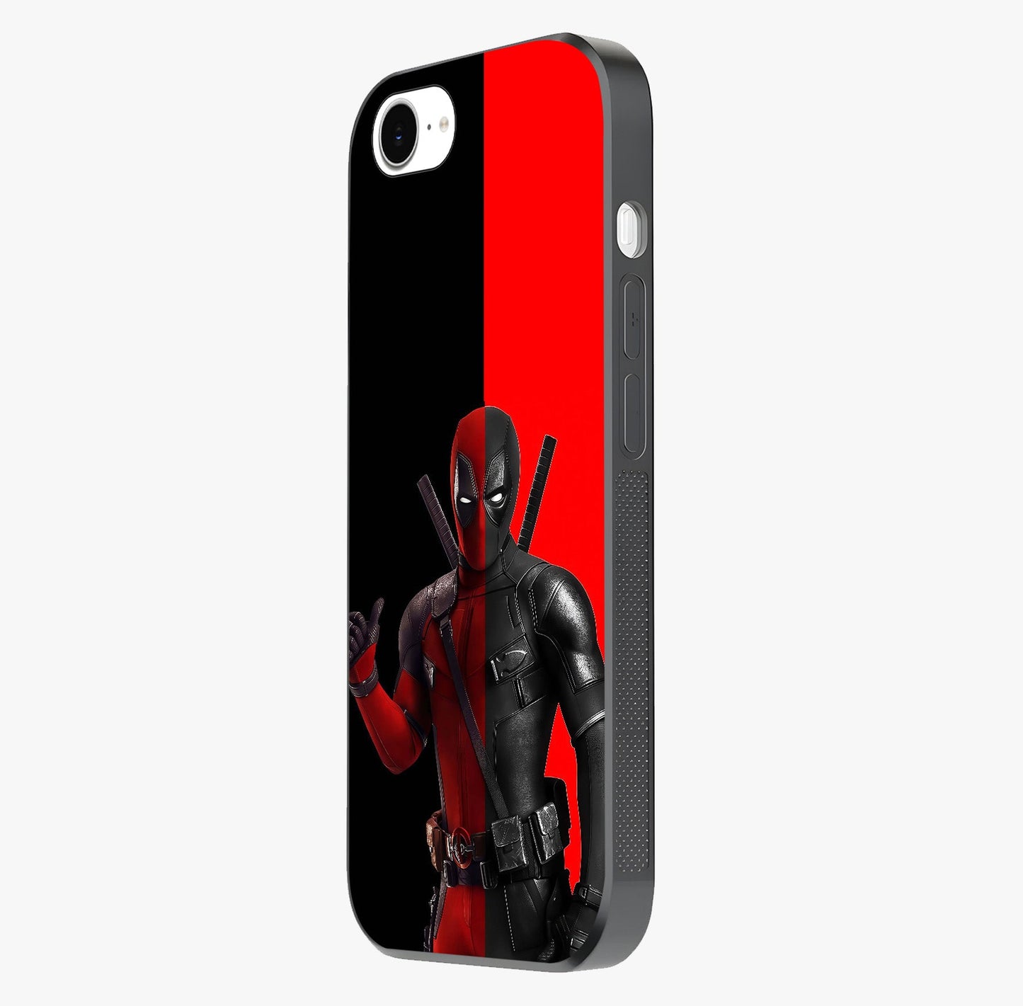 Red & Black Deadpool Theme Glass Case photographed in natural light showing reflective finish and design depth.
