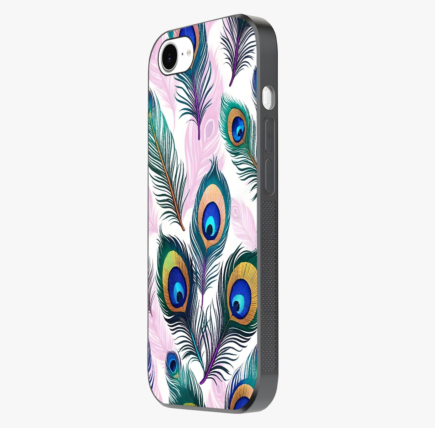 Royal Peacock Feathers Glass Case photographed in natural light showing reflective finish and design depth.