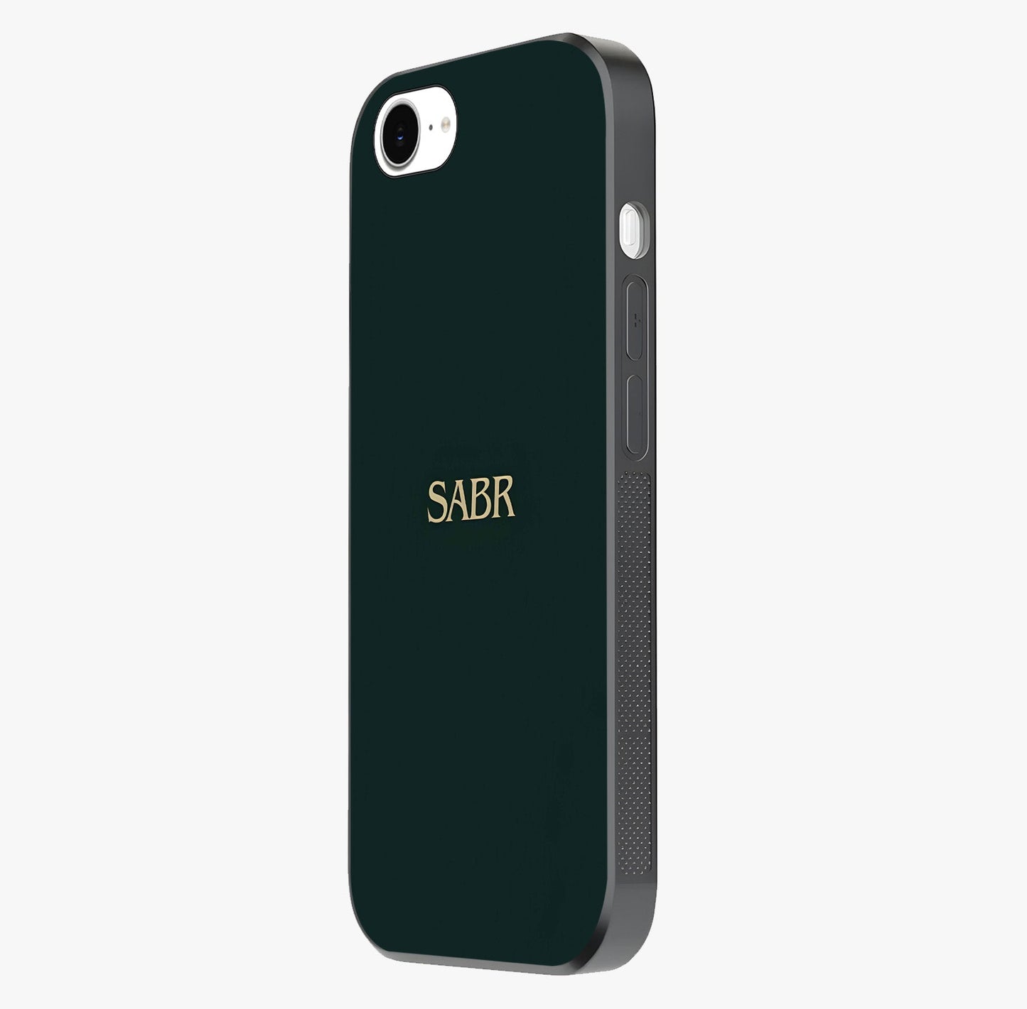 Sabr Minimal Patience Glass Case photographed in natural light showing reflective finish and design depth.