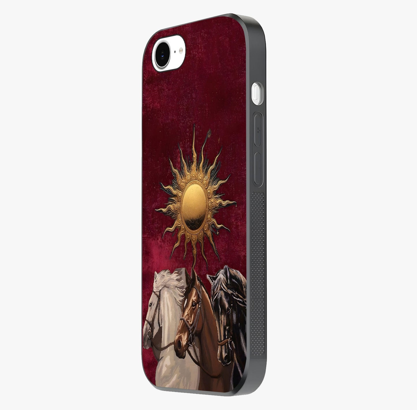 Solar Riders Glass Case photographed in natural light showing reflective finish and design depth.
