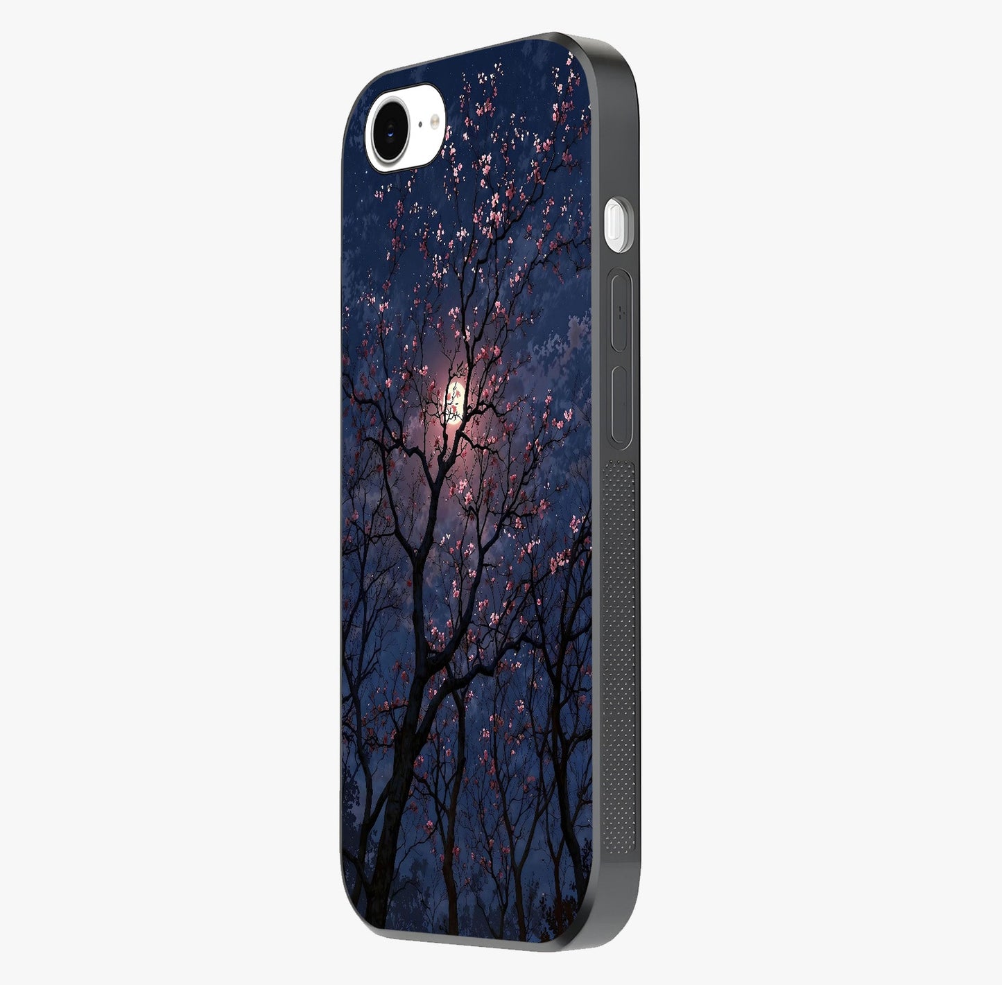 Twilight Sakura Serenade Glass Case photographed in natural light showing reflective finish and design depth.