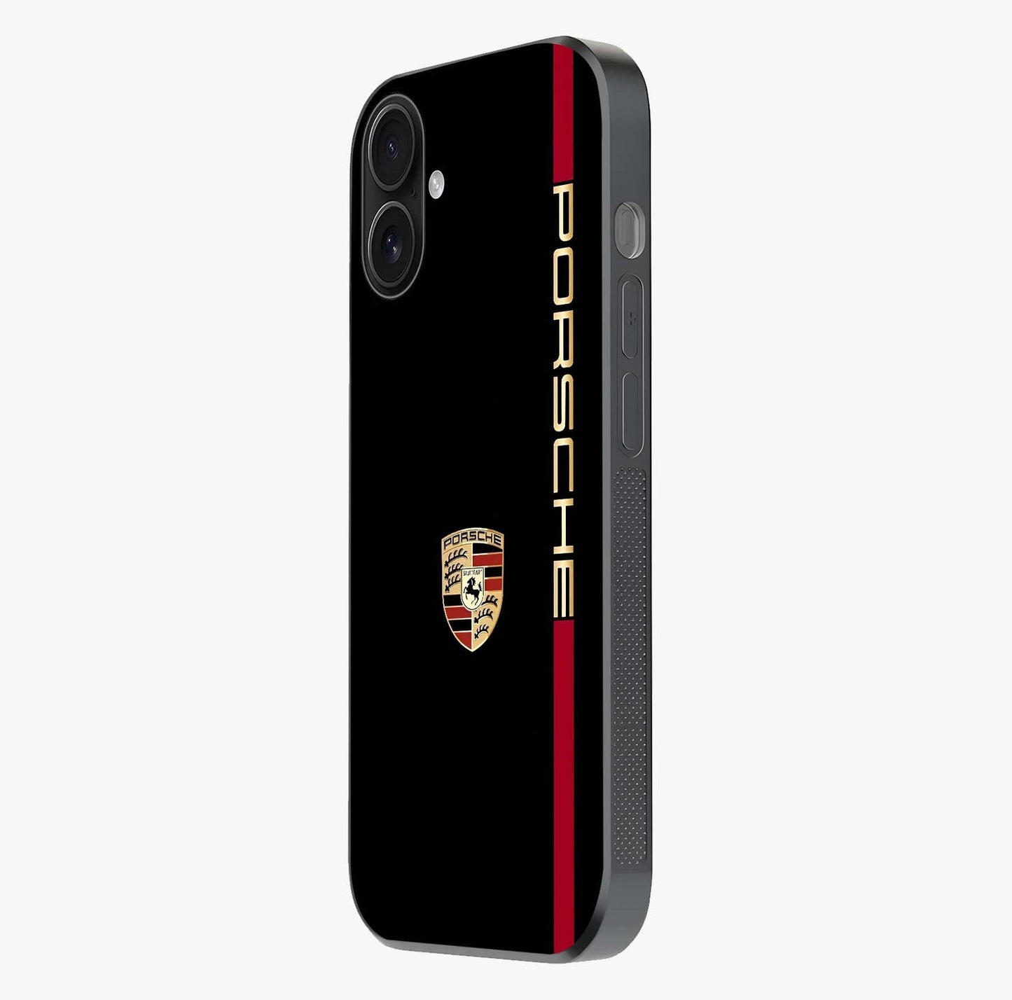Black Minimal Porsche Glass Case photographed in natural light showing reflective finish and design depth.