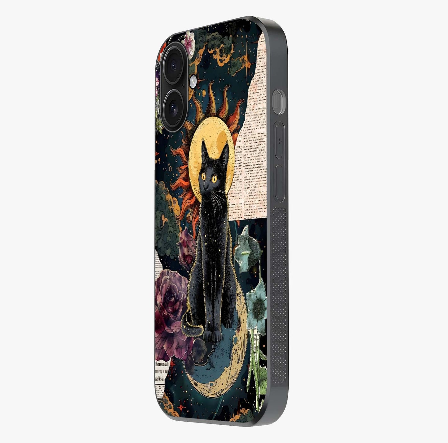 Celestial Black Cat Glass Case photographed in natural light showing reflective finish and design depth.