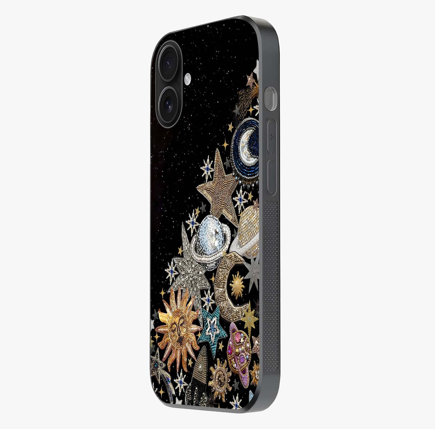 Cosmic Sparkle Dreams Glass Case photographed in natural light showing reflective finish and design depth.