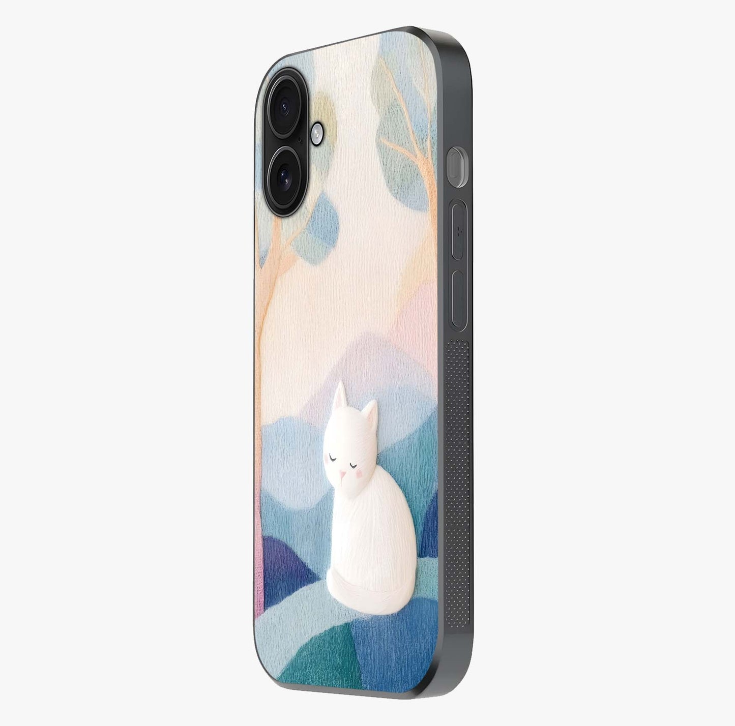 Cotton Dream Cat Glass Case photographed in natural light showing reflective finish and design depth.