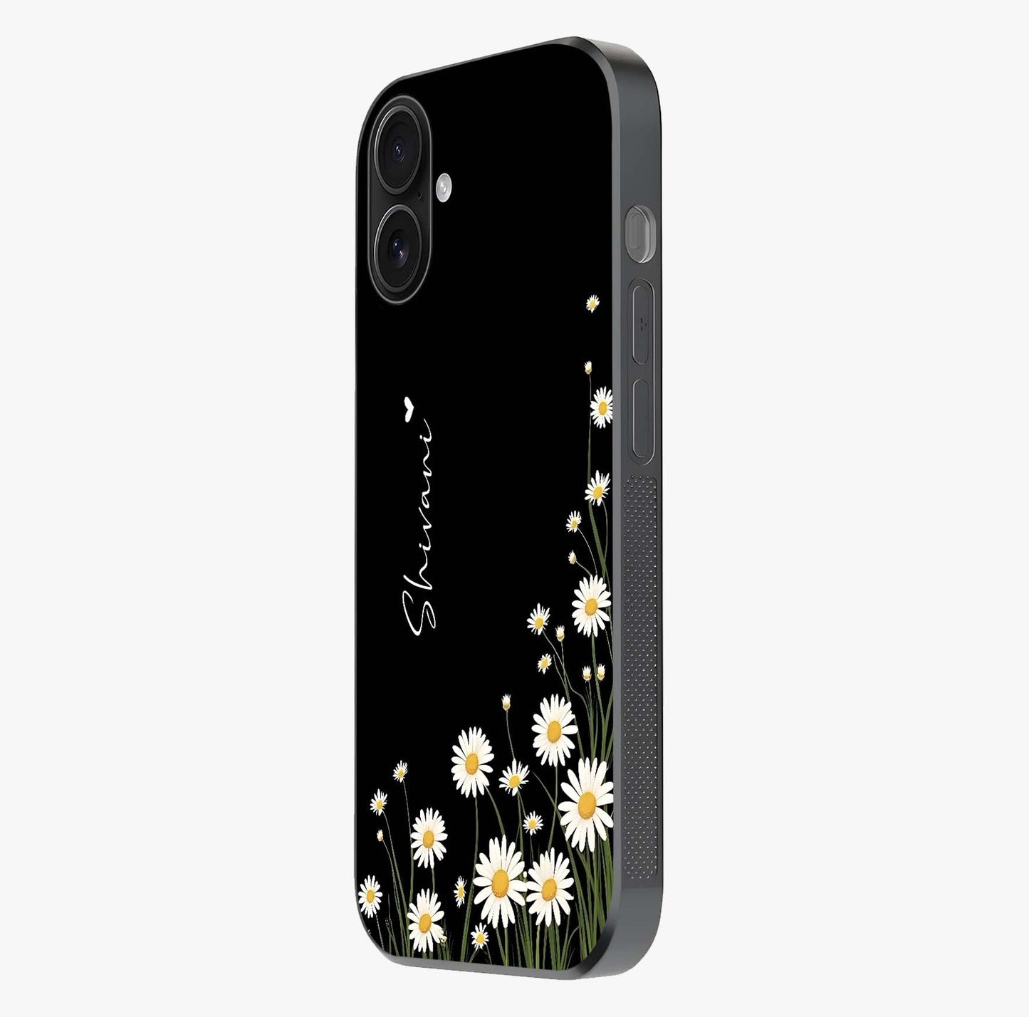 Daisy Cascade Custom Name Glass Case photographed in natural light showing reflective finish and design depth.