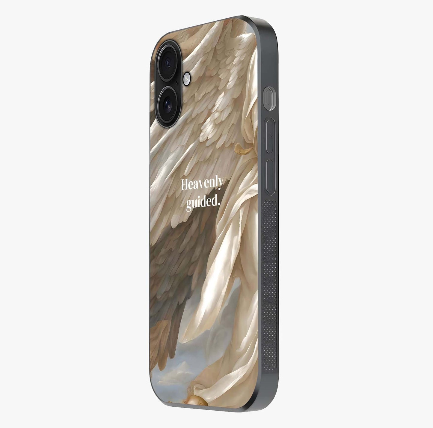 Divine Winged Grace Glass Case photographed in natural light showing reflective finish and design depth.