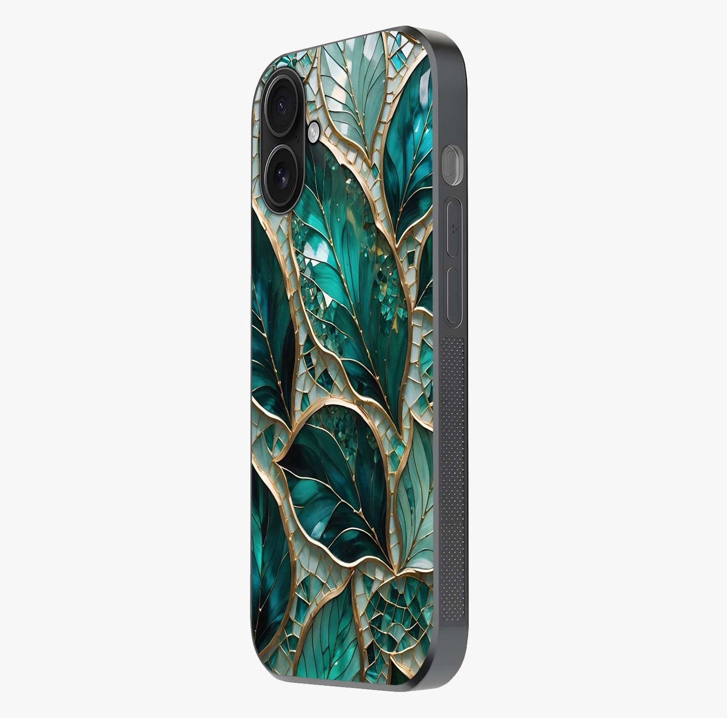Emerald Leaf Glass Glass Case photographed in natural light showing reflective finish and design depth.