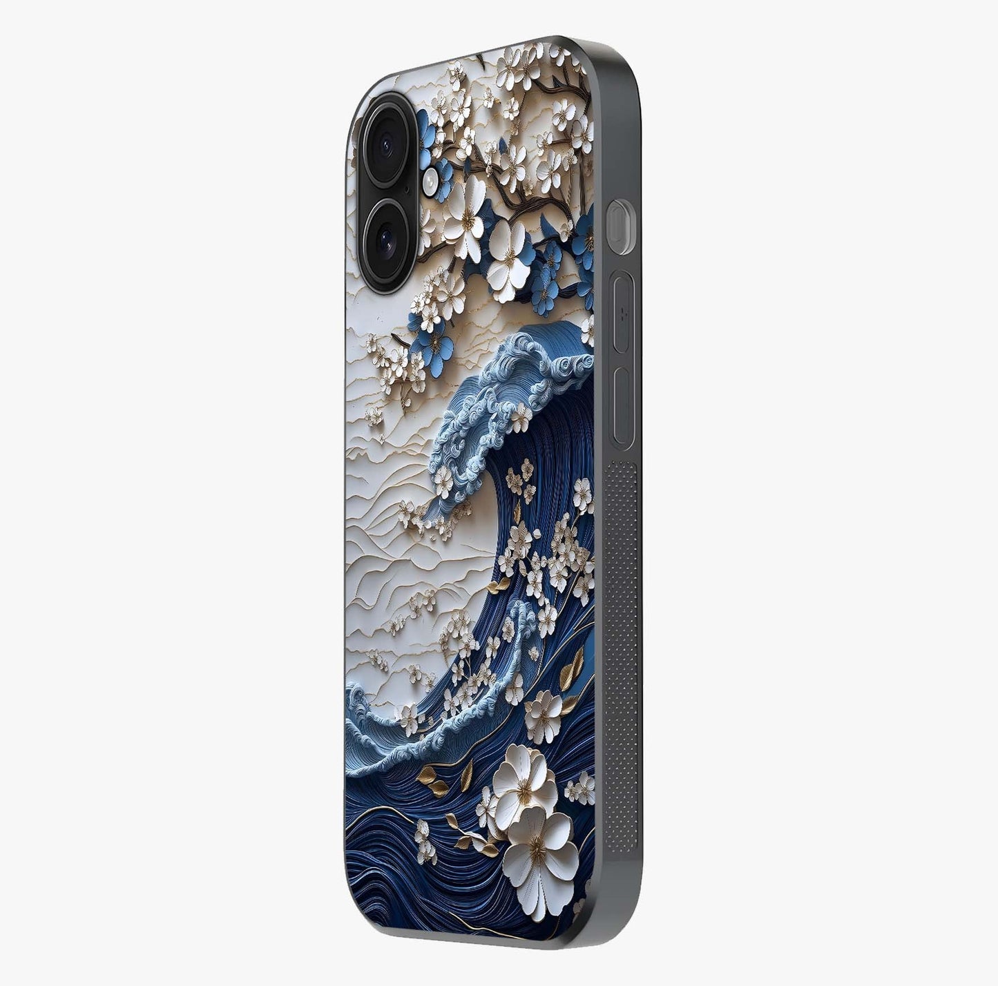 Floral Wave Origami Glass Case photographed in natural light showing reflective finish and design depth.