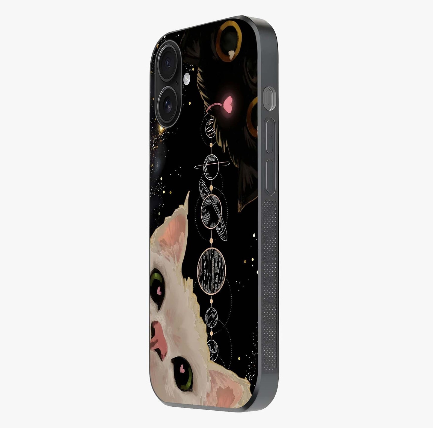 Galactic Cat Glass Case photographed in natural light showing reflective finish and design depth.