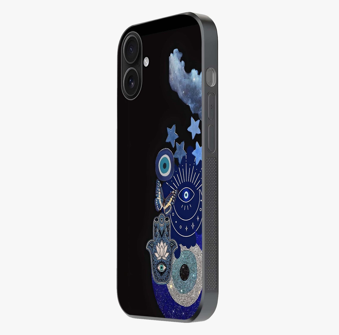 Galactic Charm Cluster Glass Case photographed in natural light showing reflective finish and design depth.