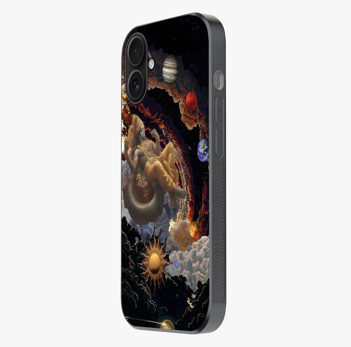 Galactic Divine God Glass Case photographed in natural light showing reflective finish and design depth.