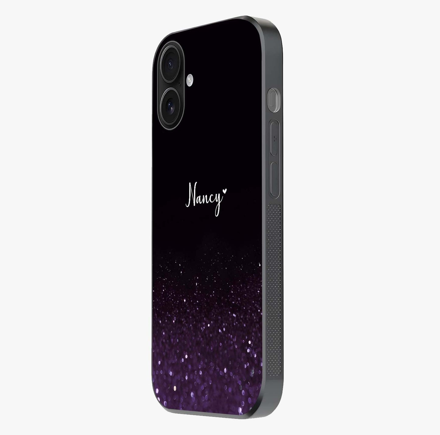 Glittery Purple Bokeh Custom Name Glass Case photographed in natural light showing reflective finish and design depth.
