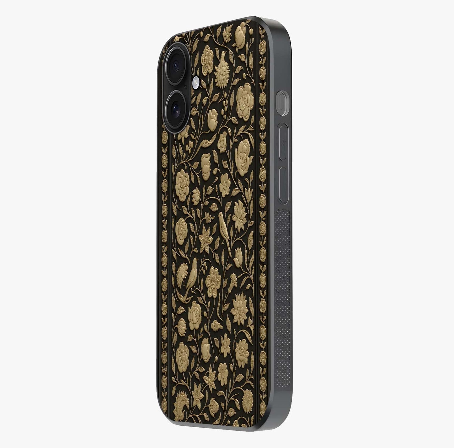Golden Evil Eye Mandala Glass Case photographed in natural light showing reflective finish and design depth.