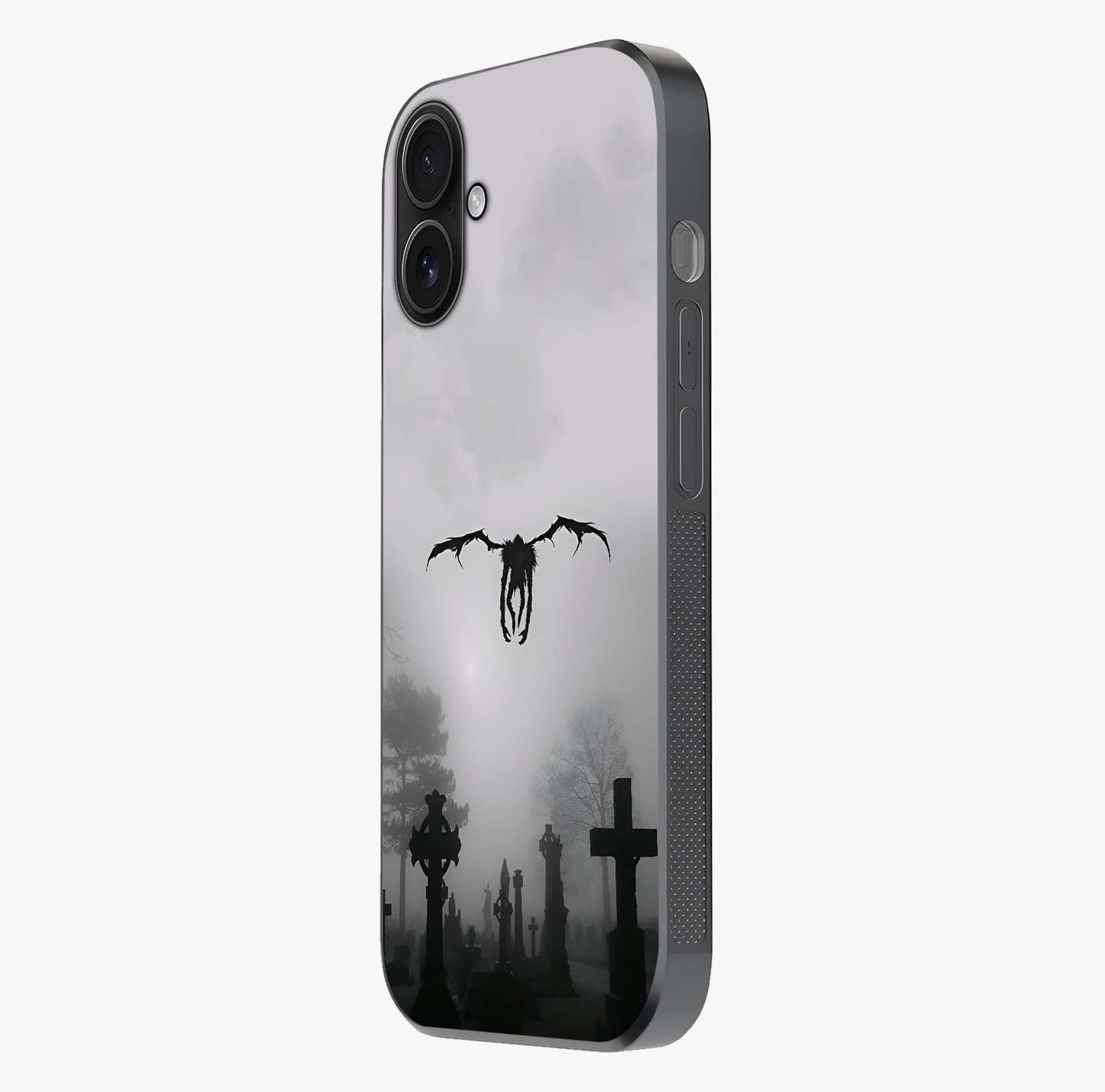 Graveyard Shadow Descent Glass Case photographed in natural light showing reflective finish and design depth.