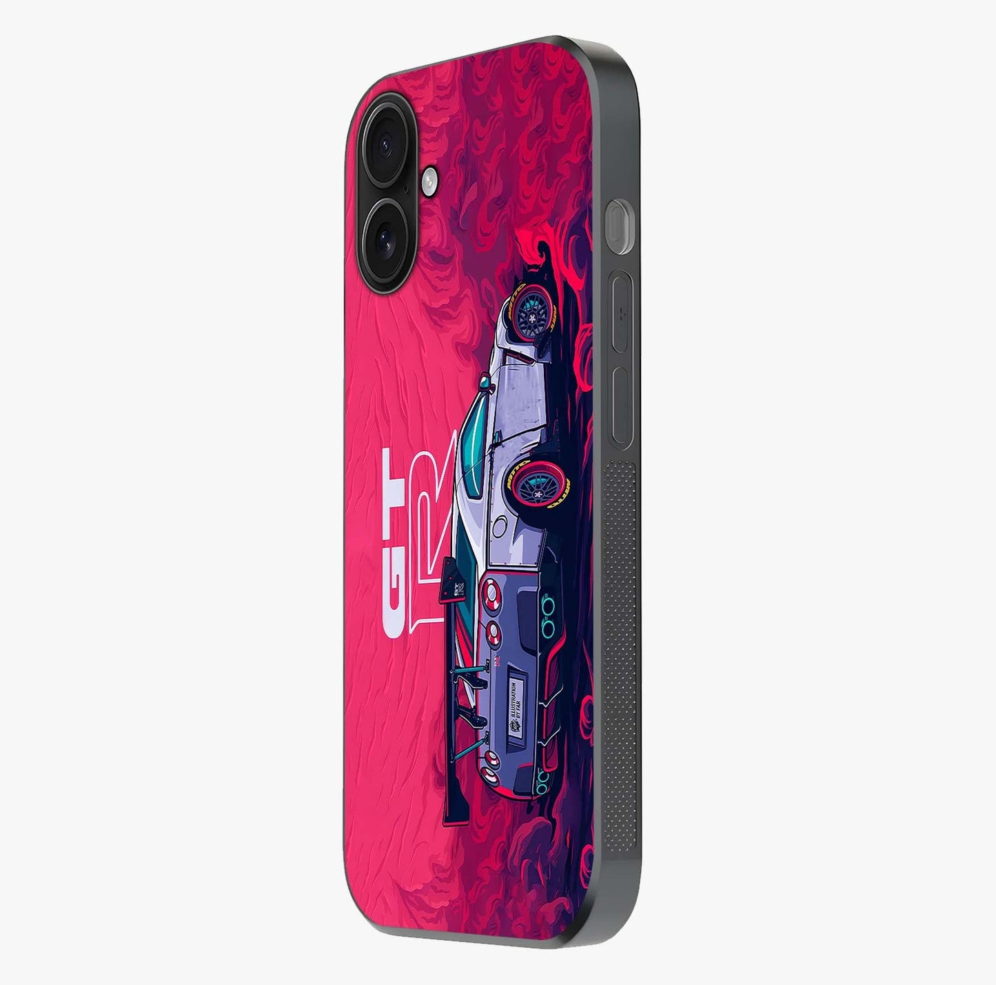 GT R Car Pattern Glass Case photographed in natural light showing reflective finish and design depth.