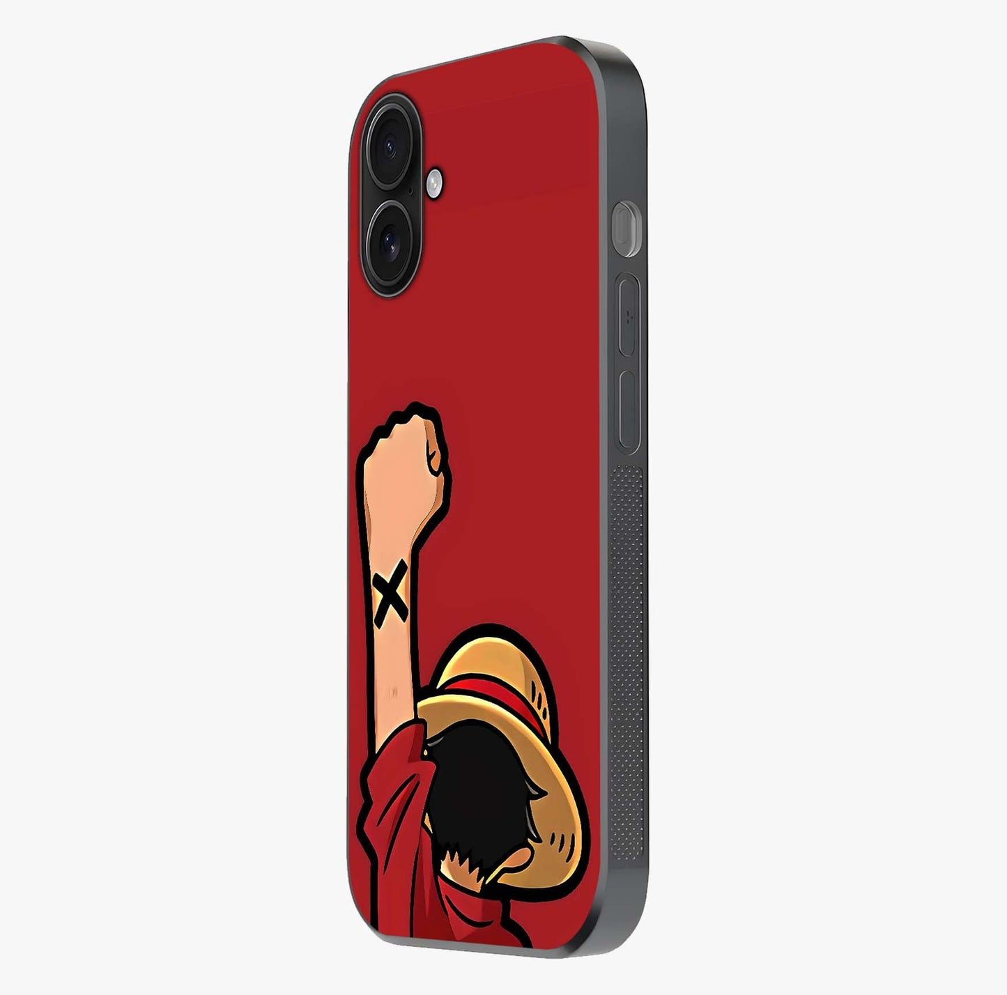 Luffy X Spirit Glass Case photographed in natural light showing reflective finish and design depth.