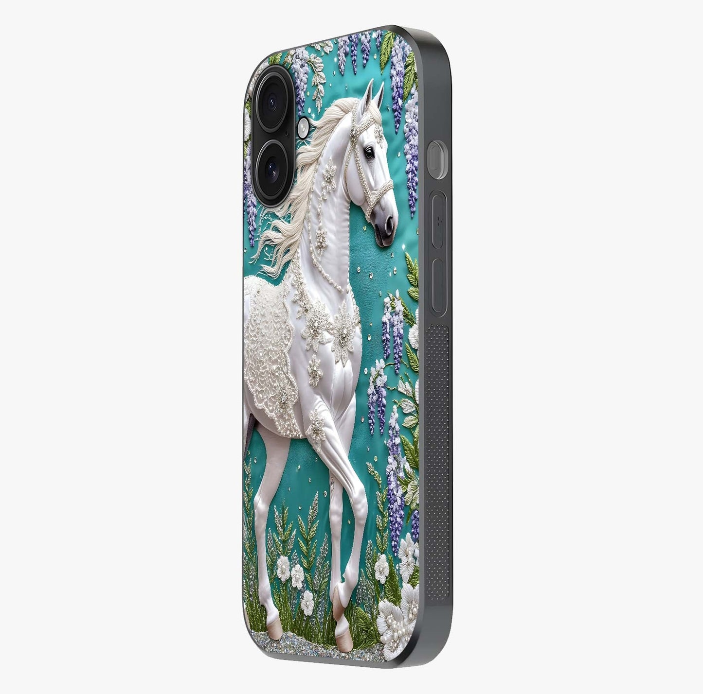 Majestic Floral Stallion Glass Case photographed in natural light showing reflective finish and design depth.
