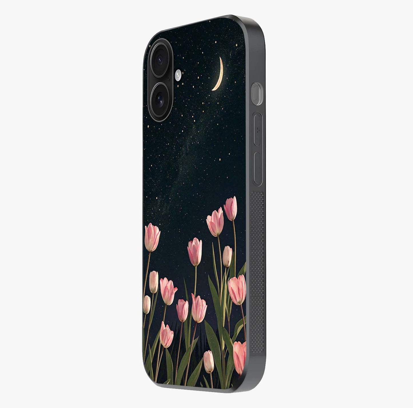 Midnight Tulip Whispers Vibe Glass Case photographed in natural light showing reflective finish and design depth.