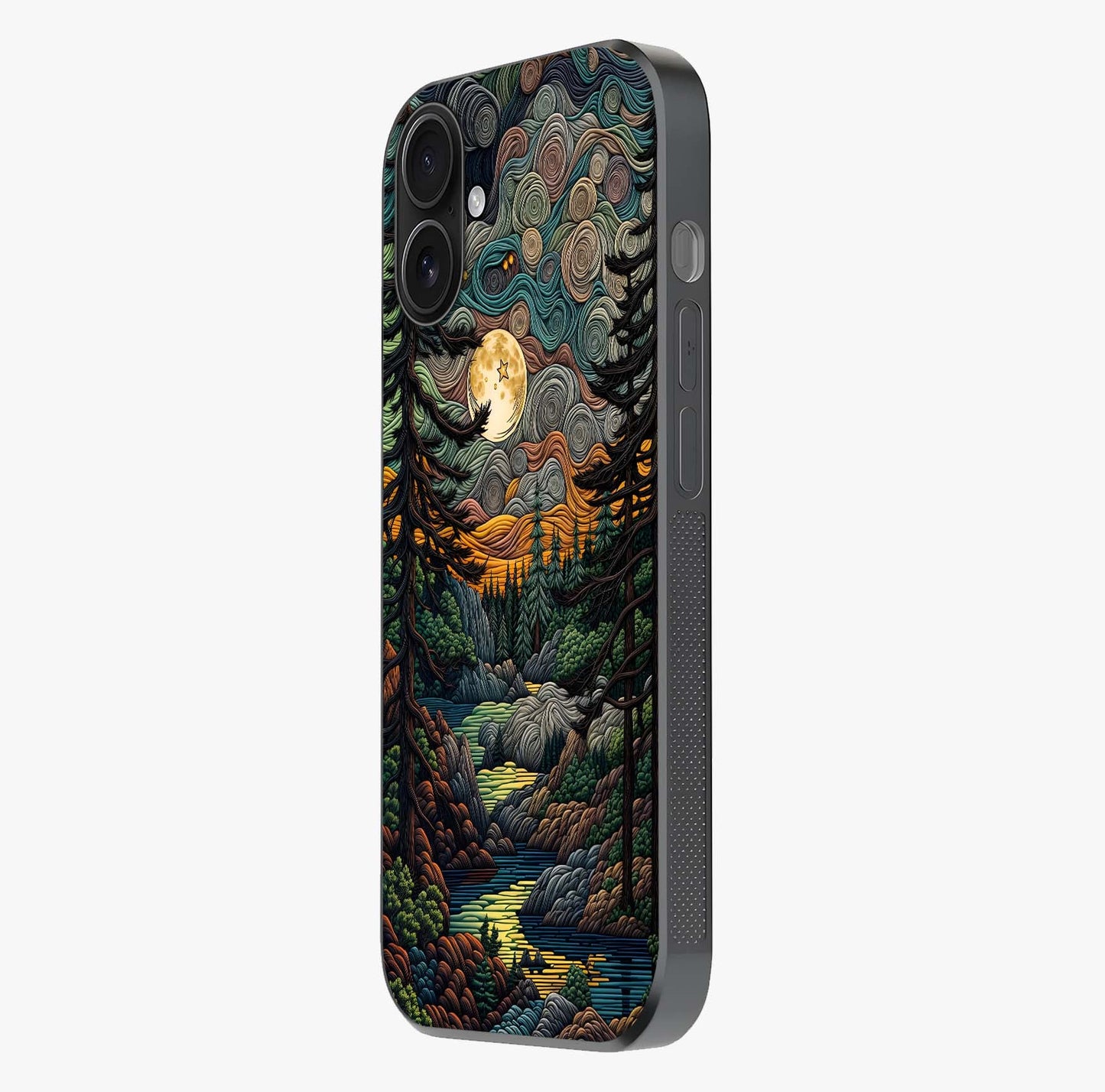 Moonlight Forest Dream Glass Case photographed in natural light showing reflective finish and design depth.