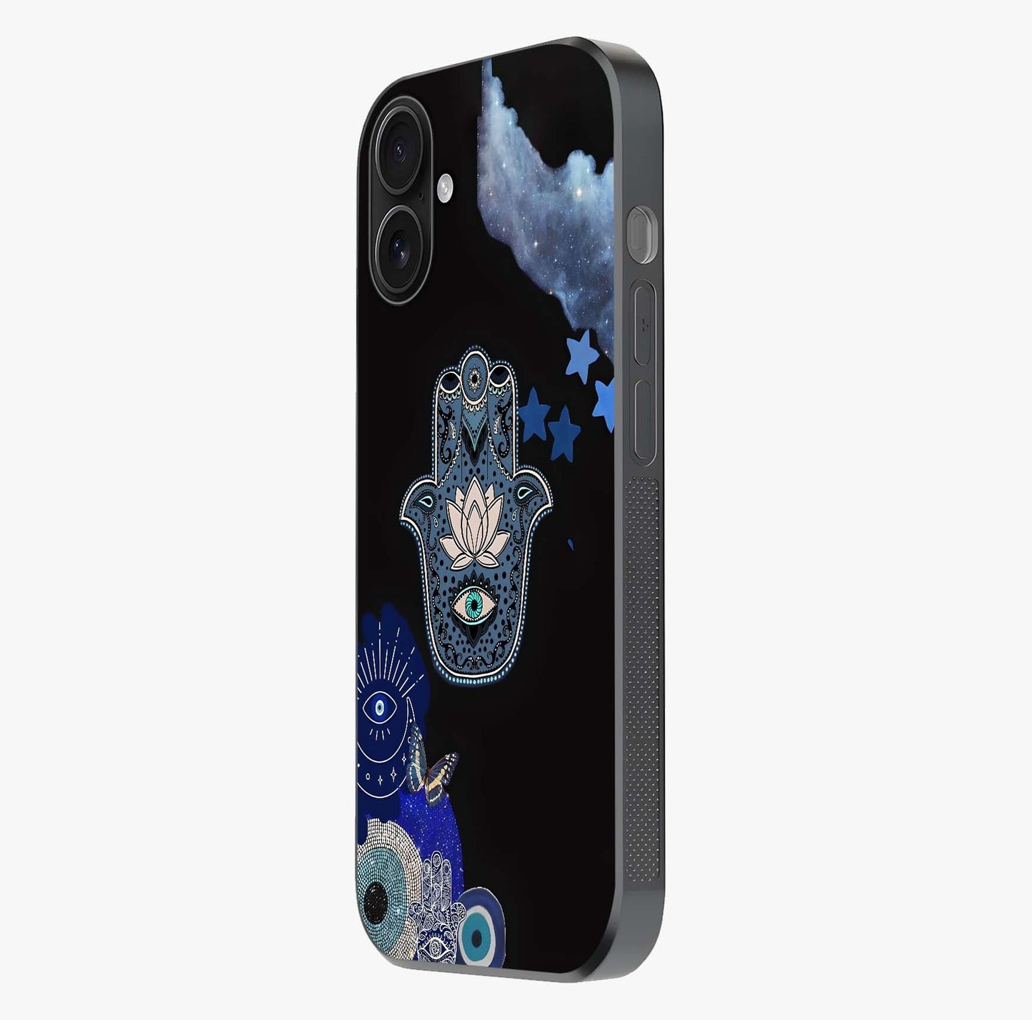 Mystic Hand Aura Glass Case photographed in natural light showing reflective finish and design depth.