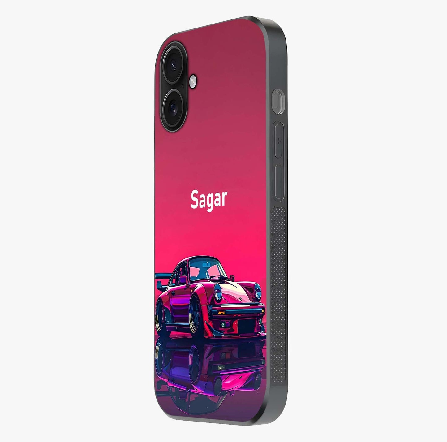 Neon Pink Porsche Glass Case photographed in natural light showing reflective finish and design depth.