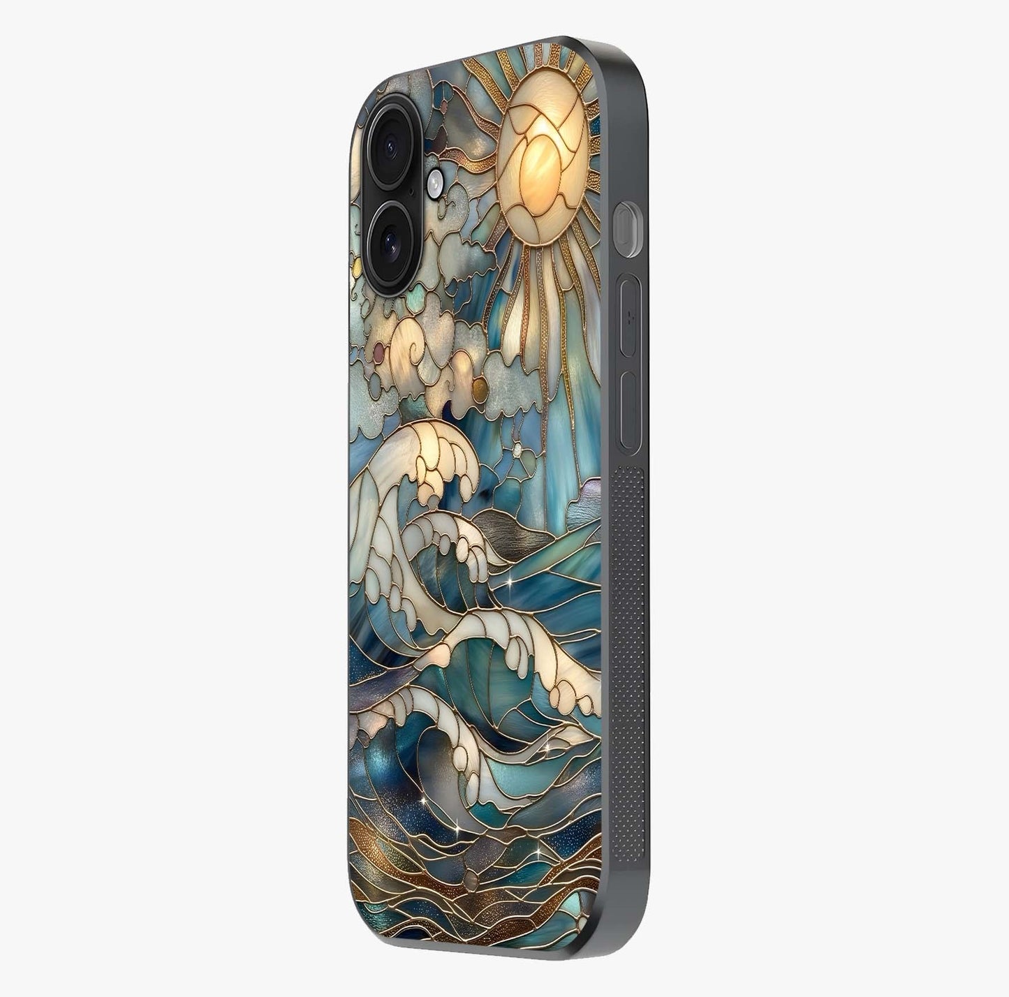 Oceanic Stained Printed Glass Case photographed in natural light showing reflective finish and design depth.