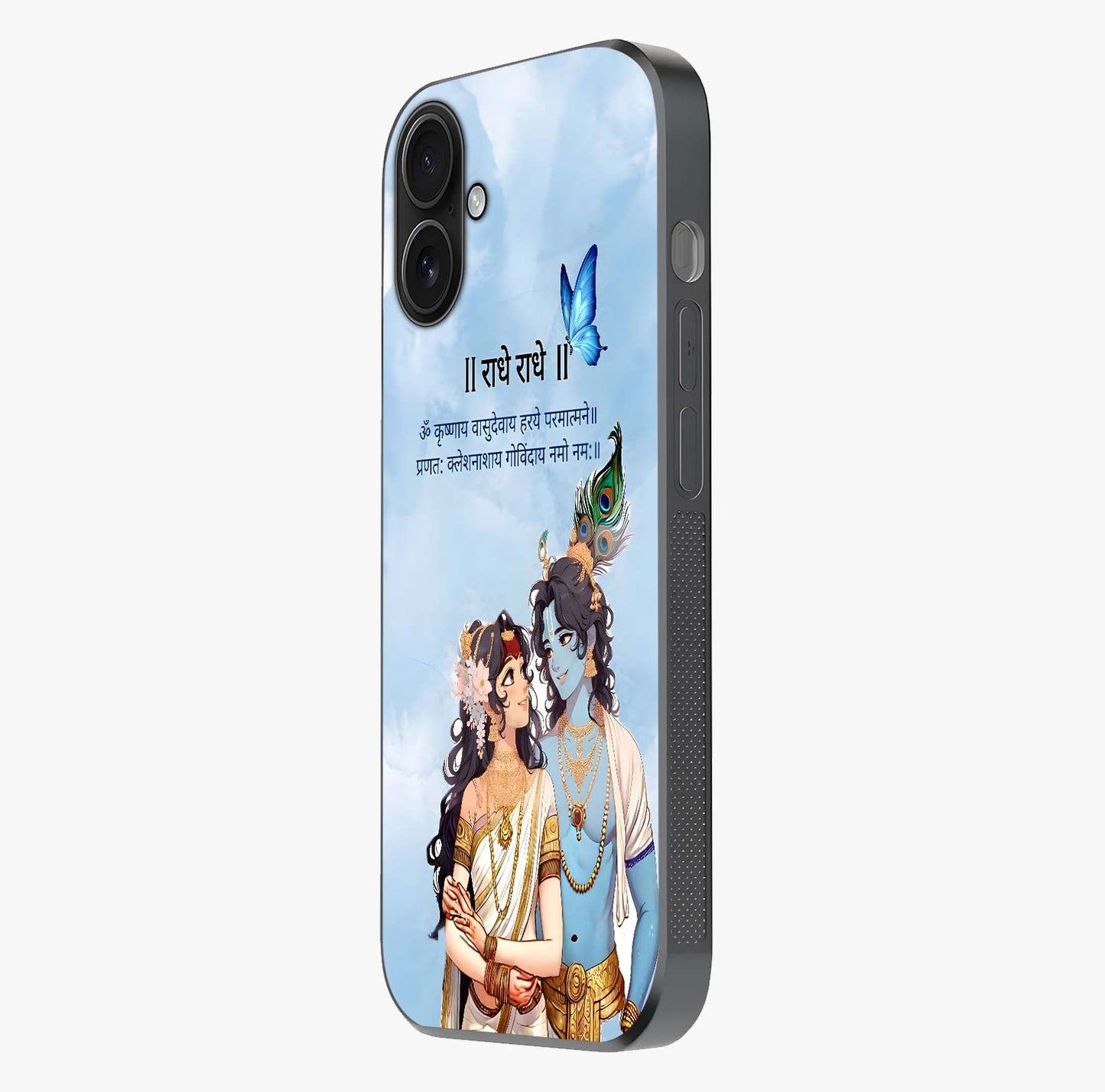 Radha Krishna Eternal Glass Case photographed in natural light showing reflective finish and design depth.