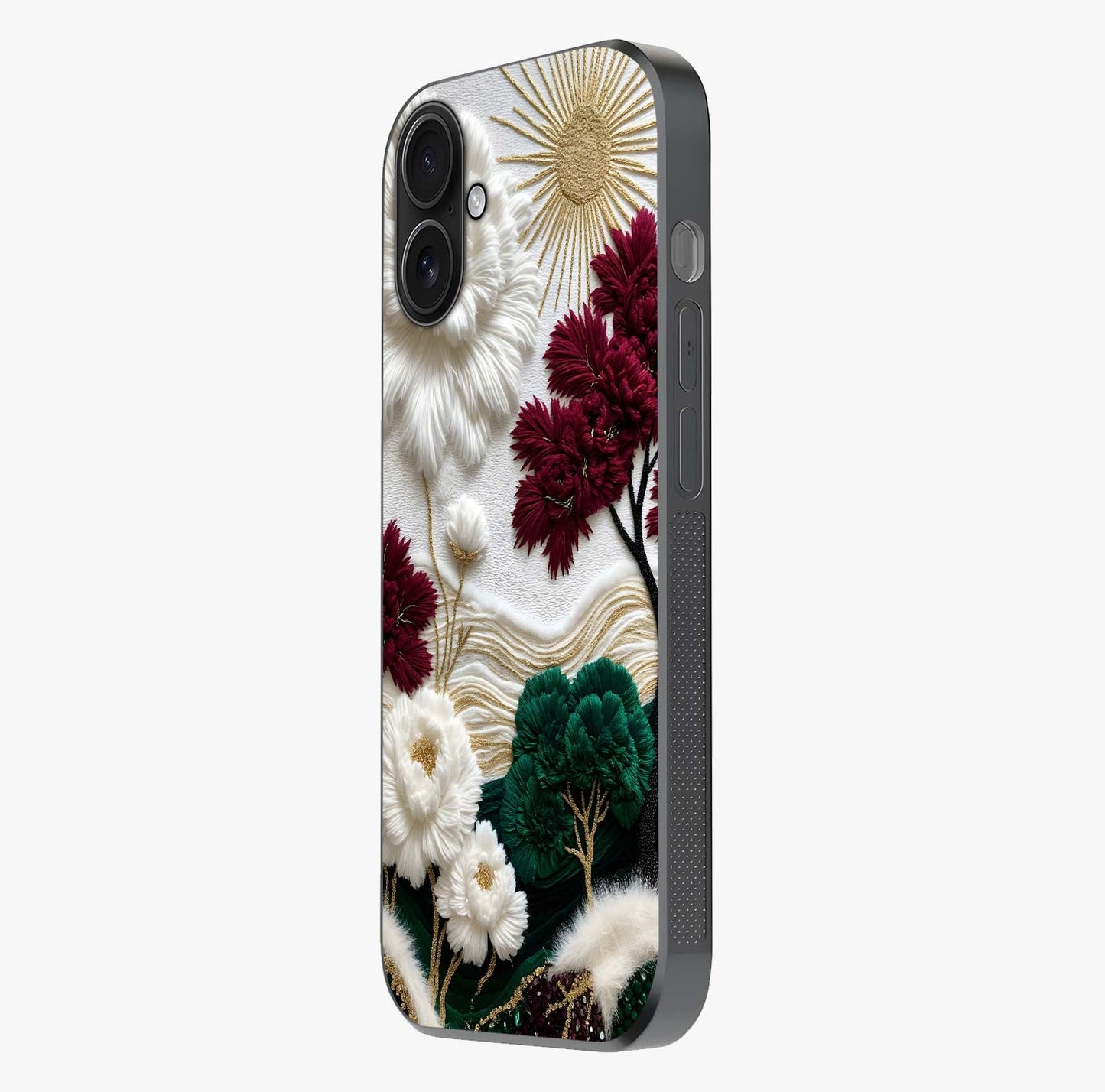 Radiant Bloom Elegance Glass Case photographed in natural light showing reflective finish and design depth.