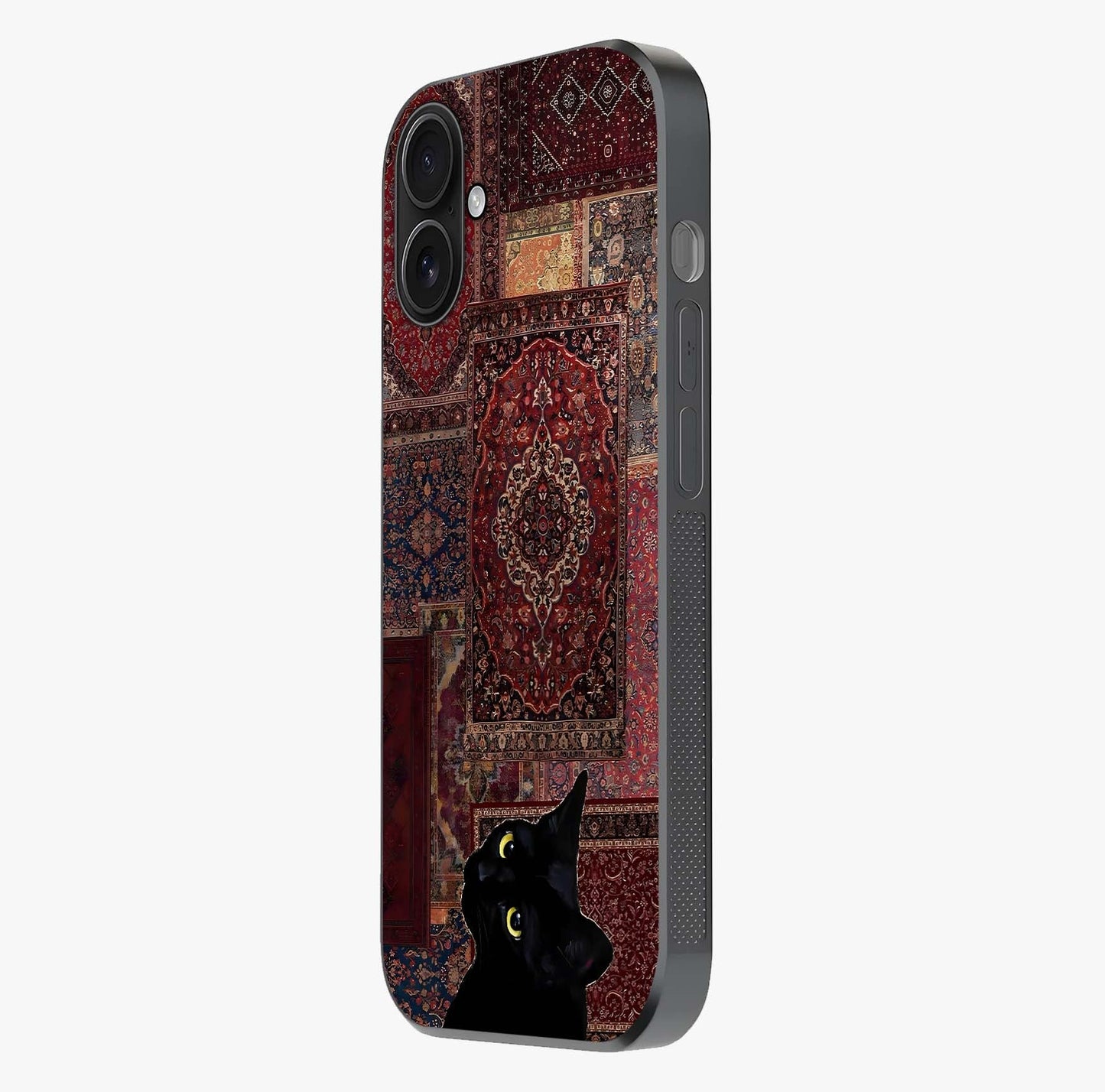Regal Magic Cat Apple Glass Case photographed in natural light showing reflective finish and design depth.